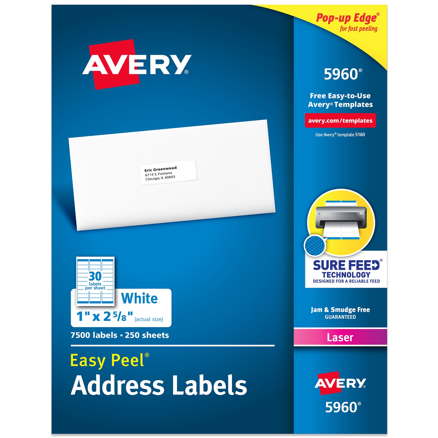 Avery Easy Peel Printable Address Labels with Sure Feed, 1" x 2-5/8" Customizable Stickers, White, 7,500 Blank Mailing Labels, Great for Mailing, Shipping, and More (5960)
