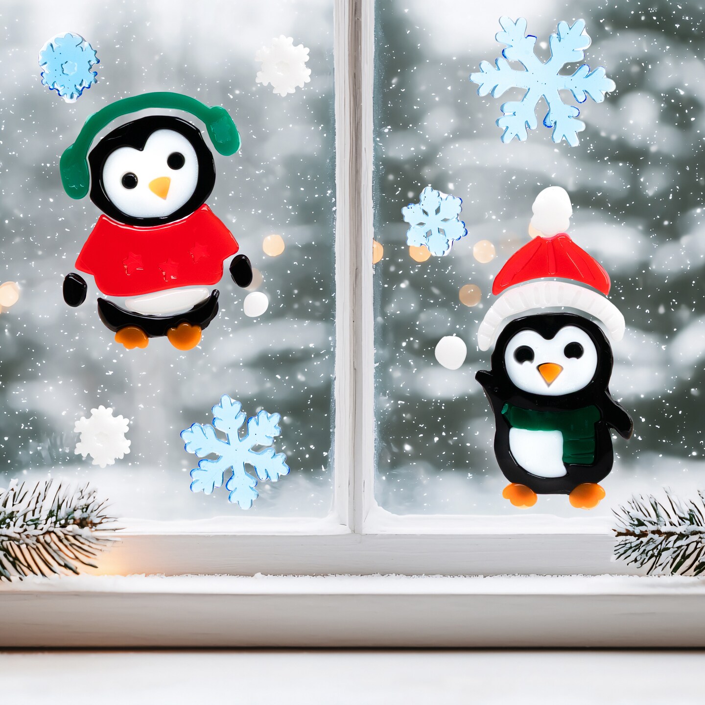 Northlight 8-Piece Penguin and Snowflake Gel Christmas Window Clings, 7.75&#x22;