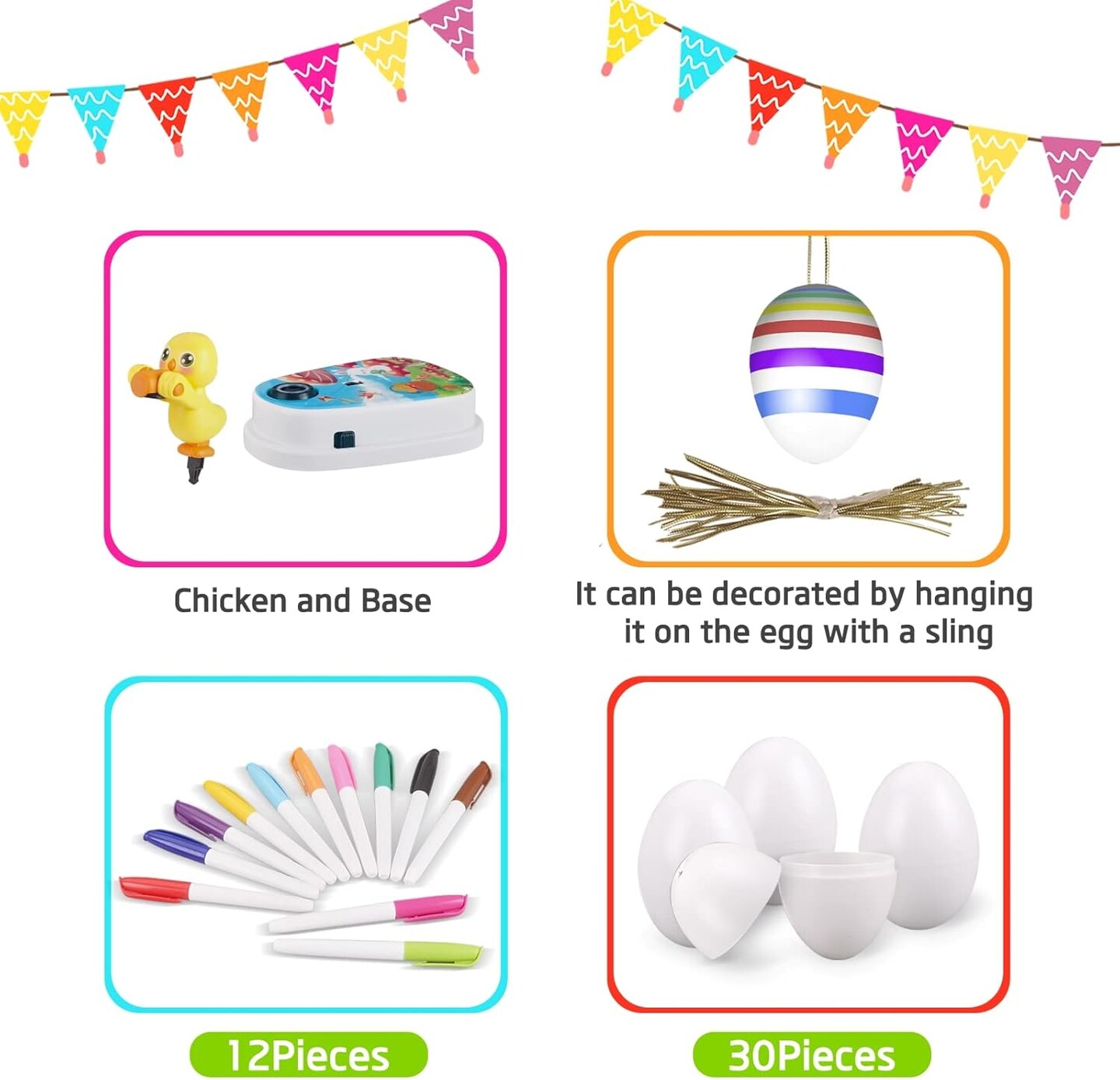 Easter Egg Decoration Kit, Chick Easter Eggs Decorating Kit Spinner Colouring Machine with 12 Dying Markers, 30 Plastic Eggs and Slings, Easter Toy Arts and Crafts Set Gift for Kids Party