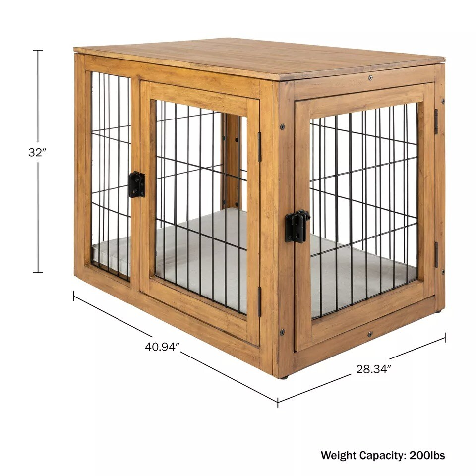 Furniture-Style Dog Crate Acacia Wood Kennel Large Dogs Cage Furniture, Natural