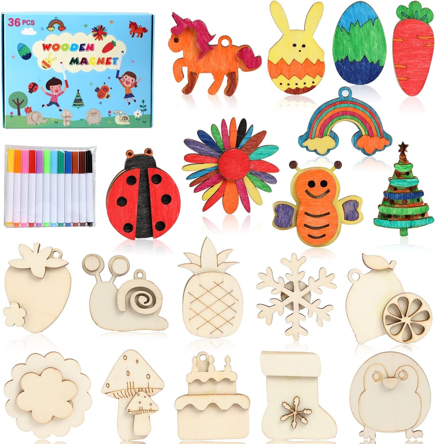 DIY Wooden Magnets, 36 pcs Wooden Art Craft Supplies Painting Kit for Kids Party Favours for Boys Girls Ages 4-8 (8-12) Birthday Easter Crafts Gifts Toys Basket Goodie Bag Stuffers