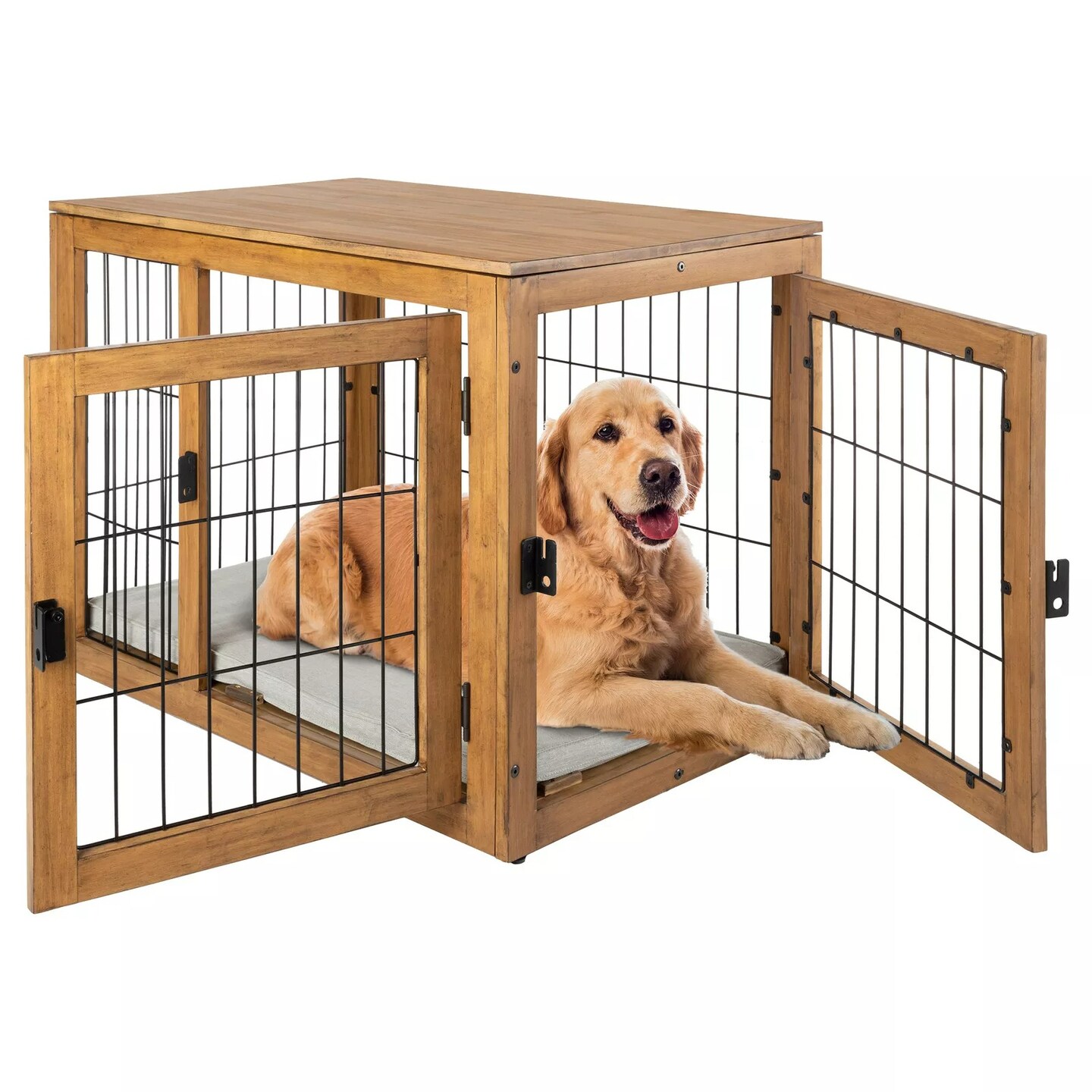 Furniture-Style Dog Crate Acacia Wood Kennel Large Dogs Cage Furniture, Natural