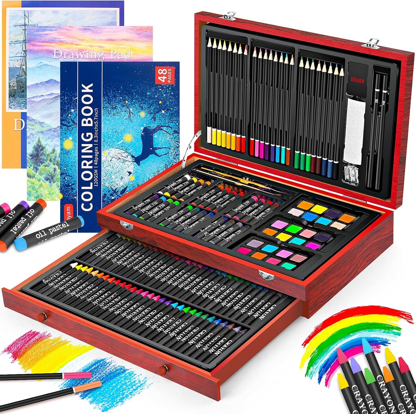 Art Supplies: 150-Pack Deluxe Wooden Art Set Crafts Drawing Painting Kit with 1 Coloring Book, 2 Sketch Pads, and Creative Gift Box for Adults Artists: Beginners, Kids, Girls, Boys