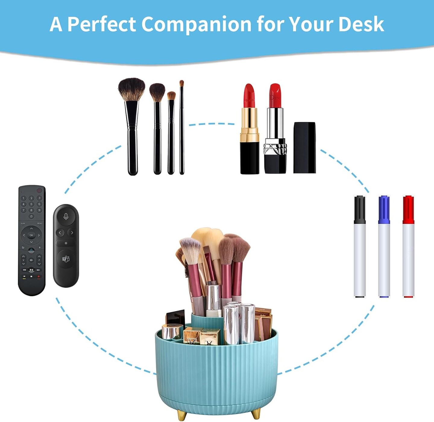 Desk Organizer, 360-Degree Rotating Pen Holder, Desk Organizers and Accessories with 5 Compartments. Pencil Organizer, Art Supply Storage Box Caddy for Office and Home - Light Blue