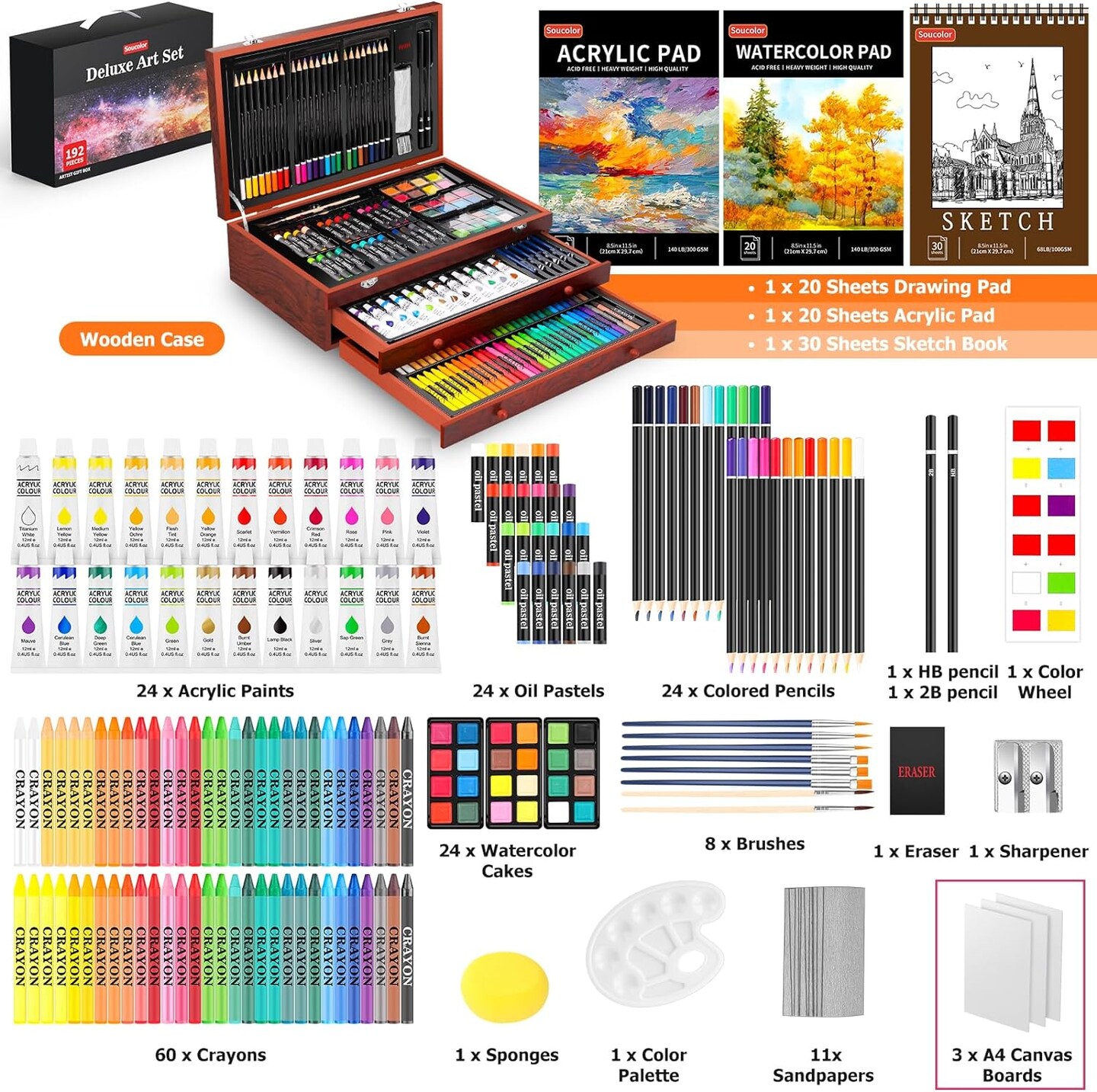 192-Pack Deluxe Art Set Drawing Painting Supplies Art Kit with Acrylic Pad, Watercolor Pad, Sketch Book, Canvases, Acrylic Paint, Crayons, Pencils, Gifts for Artists, Adults, and Children