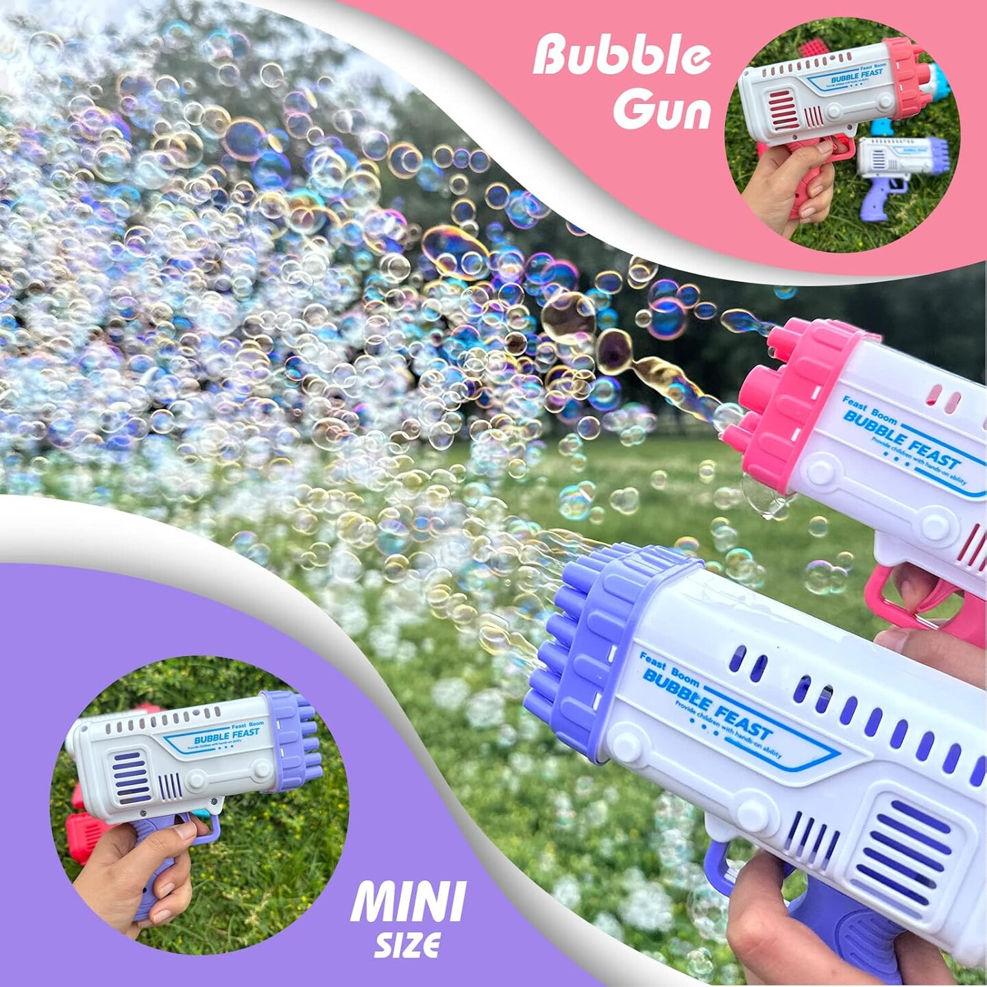 2-Pack Mini Bubble Machine Gun, 36 Holes Bubble Bazooka Gun Toy Blaster for Toddlers 3+ and Kids, Bazooka Bubble Gun with Bubble Solution for Outdoor, Party, Birthday, Wedding (Pink and Purple)