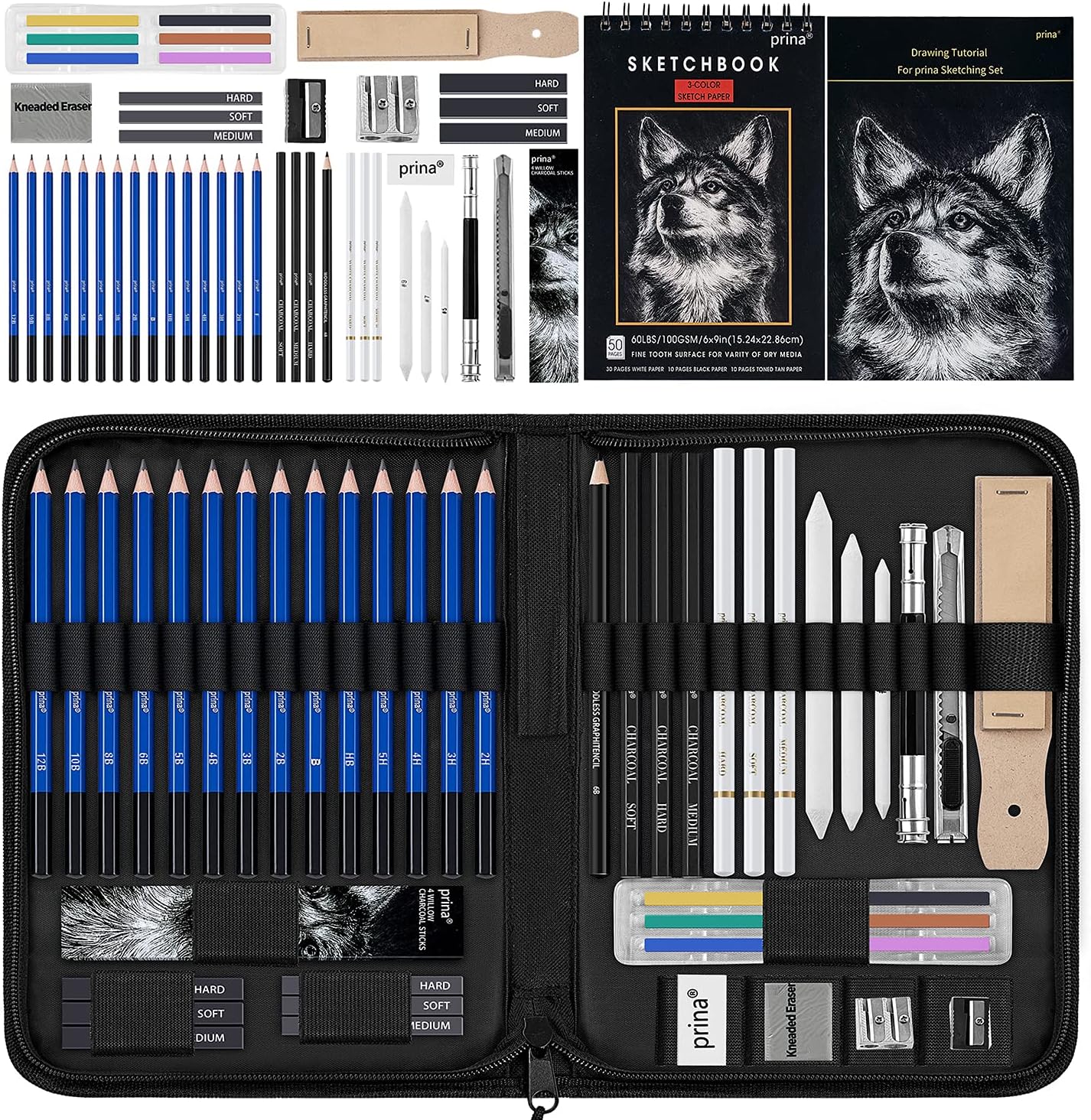 50-Pack Drawing Set Sketch Kit, Sketching Supplies with 3-Color Sketchbook, Graphite and Charcoal Pencils, Pro Art Drawing Kit for Artists, Adults, Teens, Beginner Kids, Ideal for Shading and Blending