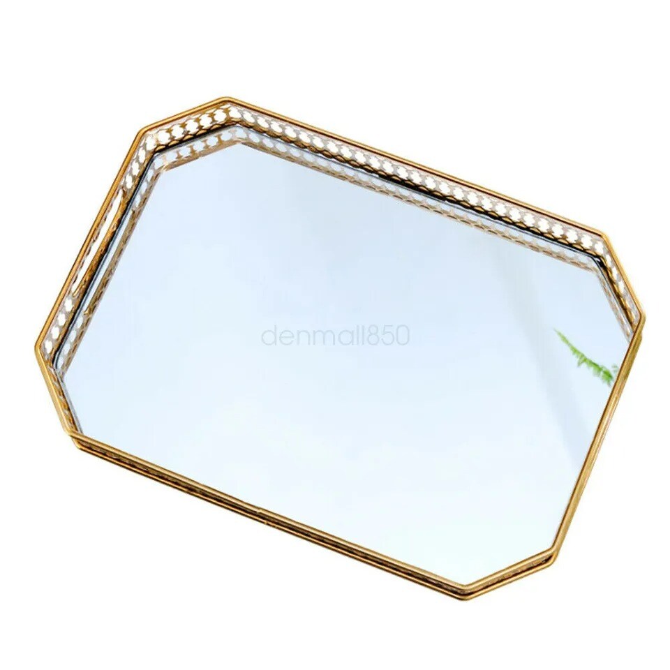 Vintage Mirrored Jewelry Tray Vanity Home Octagon Makeup Perfume Coffee Holder