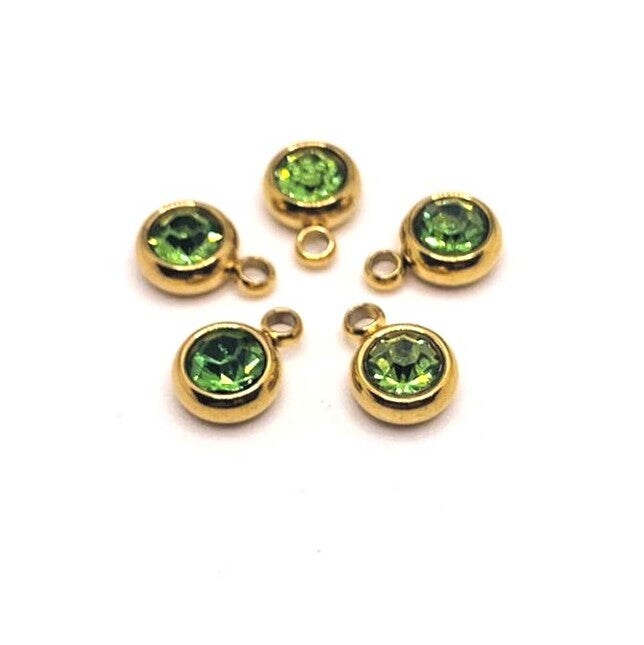 303 Stainless Steel, 18k Gold, Light Green August Birthstone Rhinestone Charms, 8x6mm