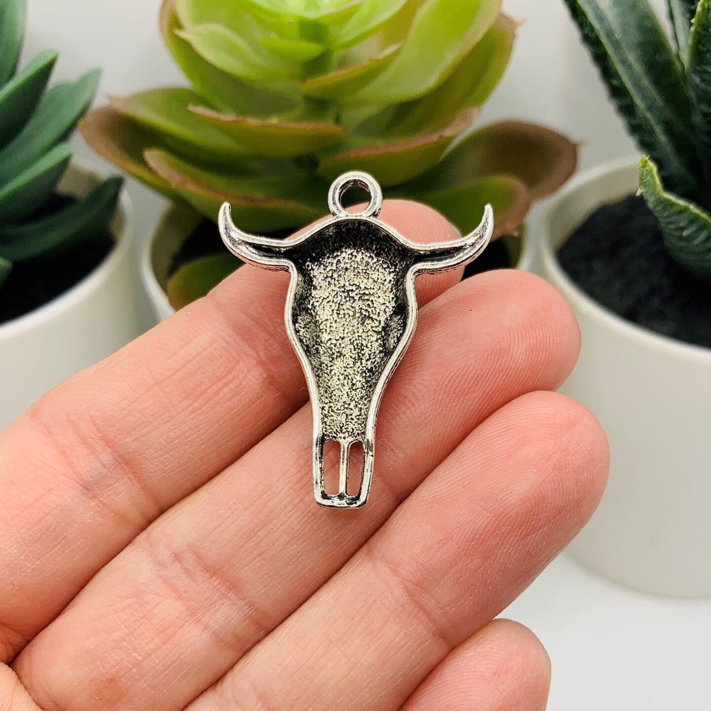 Silver Cattle Steer Skull Charms, 32x26mm