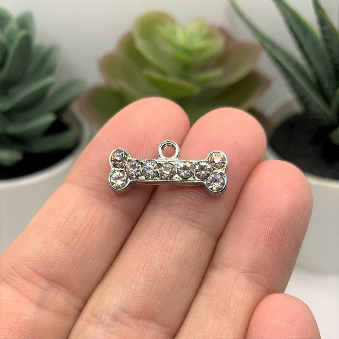 Rhinestone and Silver Dog Bone Charm, 20x8mm