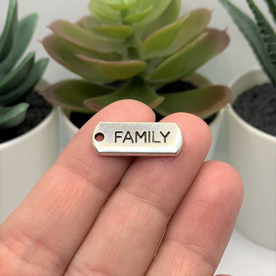 Silver Family Word Bar Tag Charms, 8x21mm
