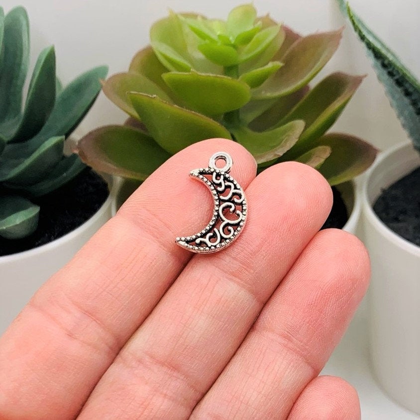 Silver Filigree Crescent Moon Charms, 18x11mm