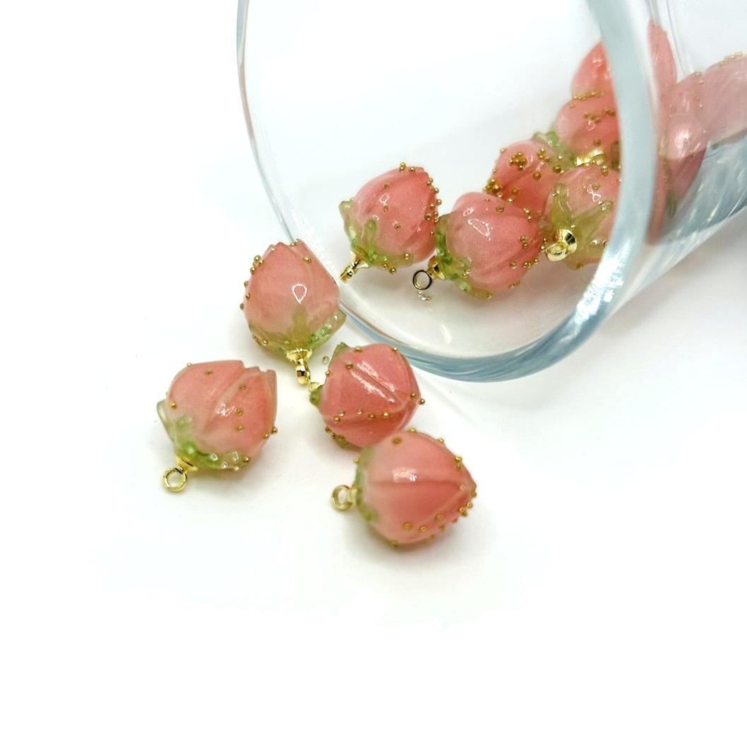 Pink Flower Bud Charms, 14x9mm