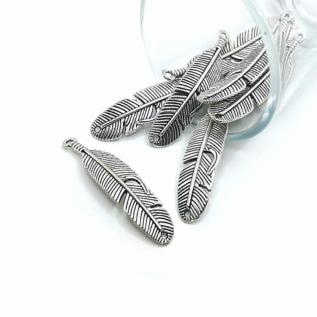 Silver Feather Connector Charms, 45x11mm