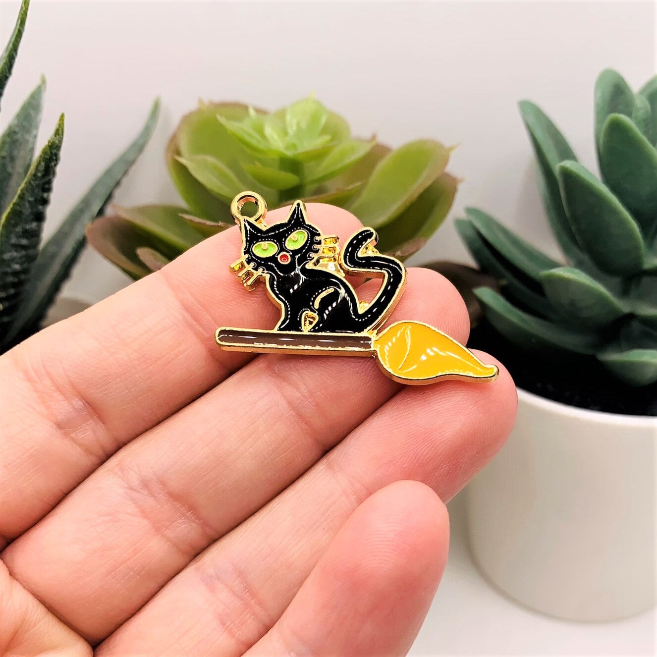 Black Enamel Witch Cat on Broom Charm, 21x34mm