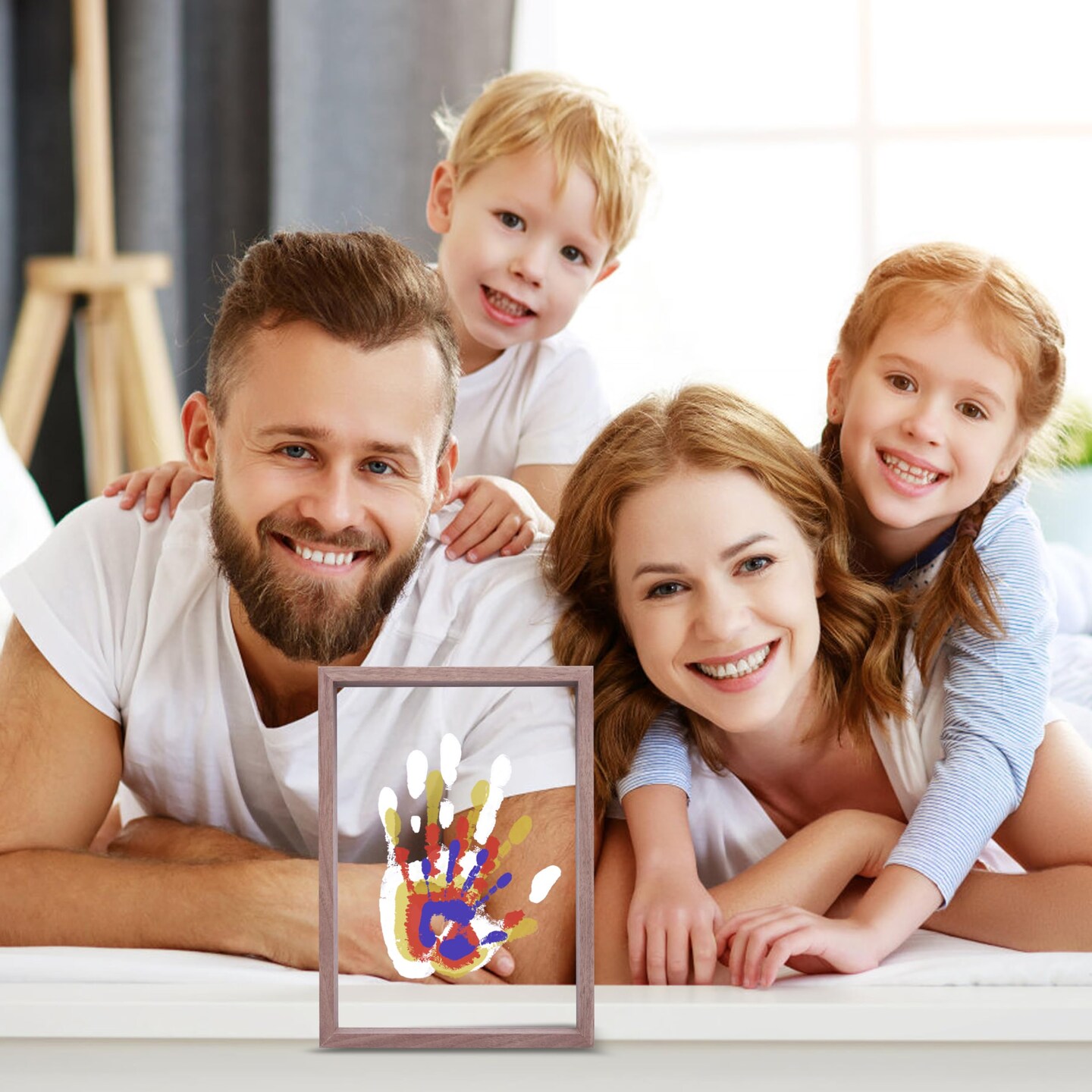 Family Handprint Kit, DIY Craft Keepsake Wooden Frame, Endless Gift Set, Non-Toxic Paints, Transparent Sheets (Brown)