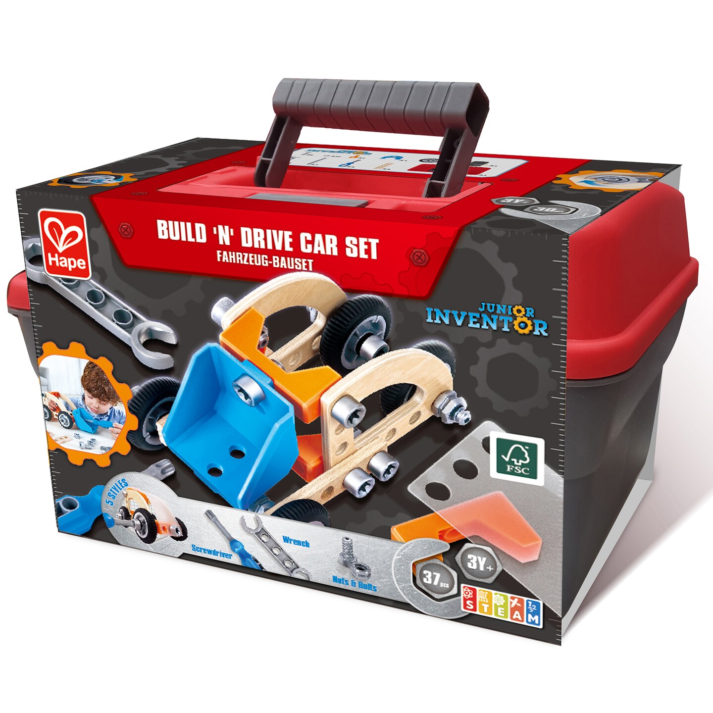 Hape: Junior Inventor: Build 'N' Drive Car Set - 37pcs, Vehicle Buidling Toy Kit, Design & Construction, Store Install Toolbox, STEM Learning, Kids 3+