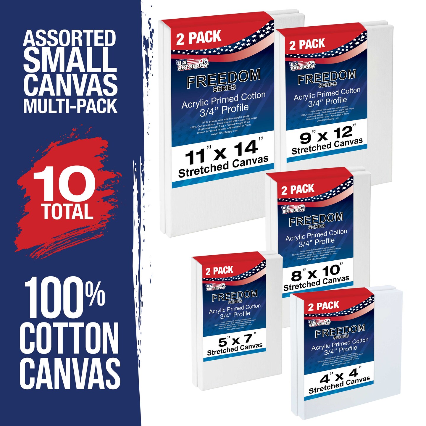 Multi-Pack 2-Ea of 4x4, 5x7, 8x10, 9x12, 11x14. Professional Quality Small 12oz Primed Gesso Artist Stretched Canvas