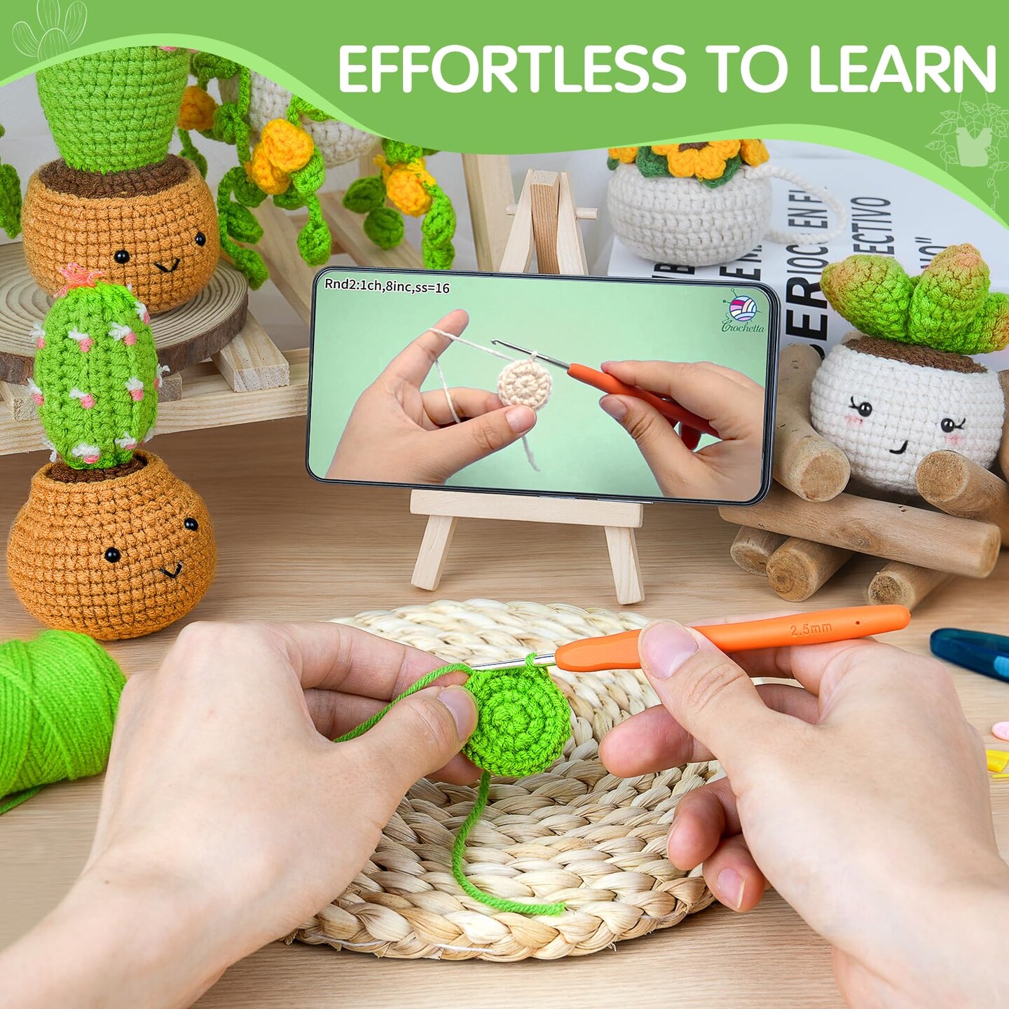 Crochet Kit for Beginners, Crochet Starter Kits for Adults, Amigurumi Craft Knitting Crocheting Kits with Step-by-Step Video Tutorials, 6 Pc Hanging Potted Plants Family(40%+ Yarn