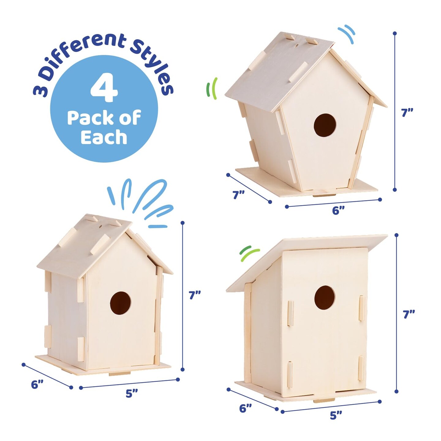 DIY 12 Wooden Bird House Kits - Creative Arts and Crafts Set for Kids and Adults - Unfinished Wood Birdhouses with Paint Strips, Brushes, Stickers and Strings - 3 Unique Shapes, 2 Sizes