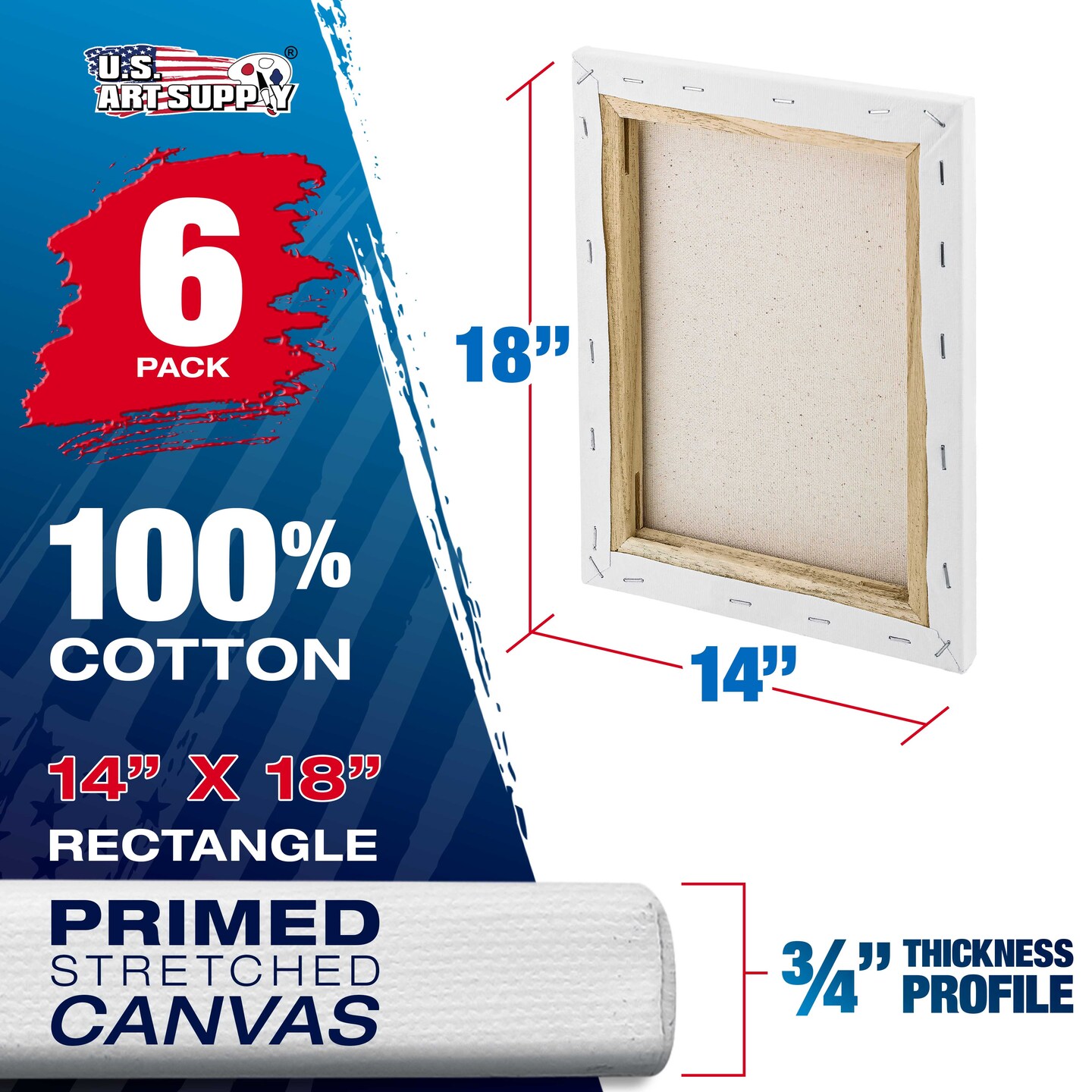 14 x 18 inch Stretched Canvas 12-Ounce Triple Primed, 6-Pack - Professional Artist Quality White Blank 3/4" Profile, 100% Cotton, Heavy-Weight Gesso