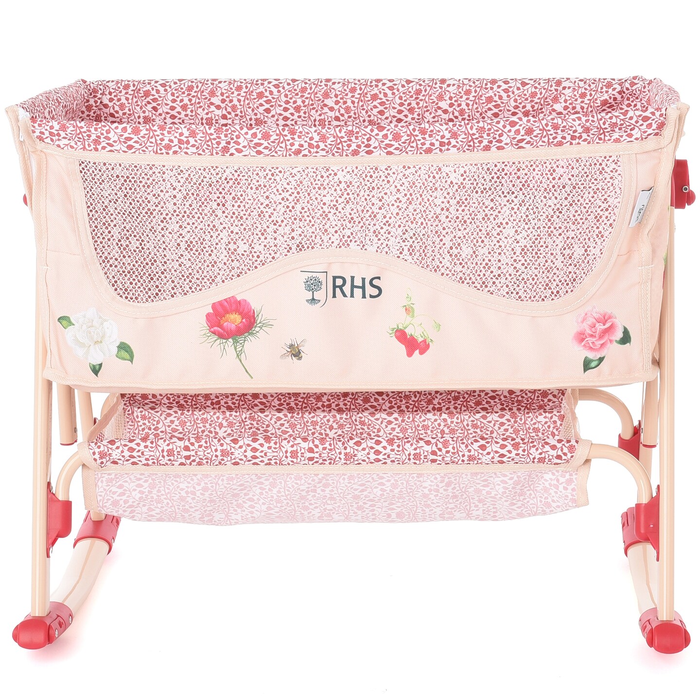 Roma Prams: RHS Doll Bedside Crib - Flora - Cream & Red, Rocking & Stationary, Bedtime Accessory, Adjustable Height, Storage, Roleplay Toy, Kids 3+
