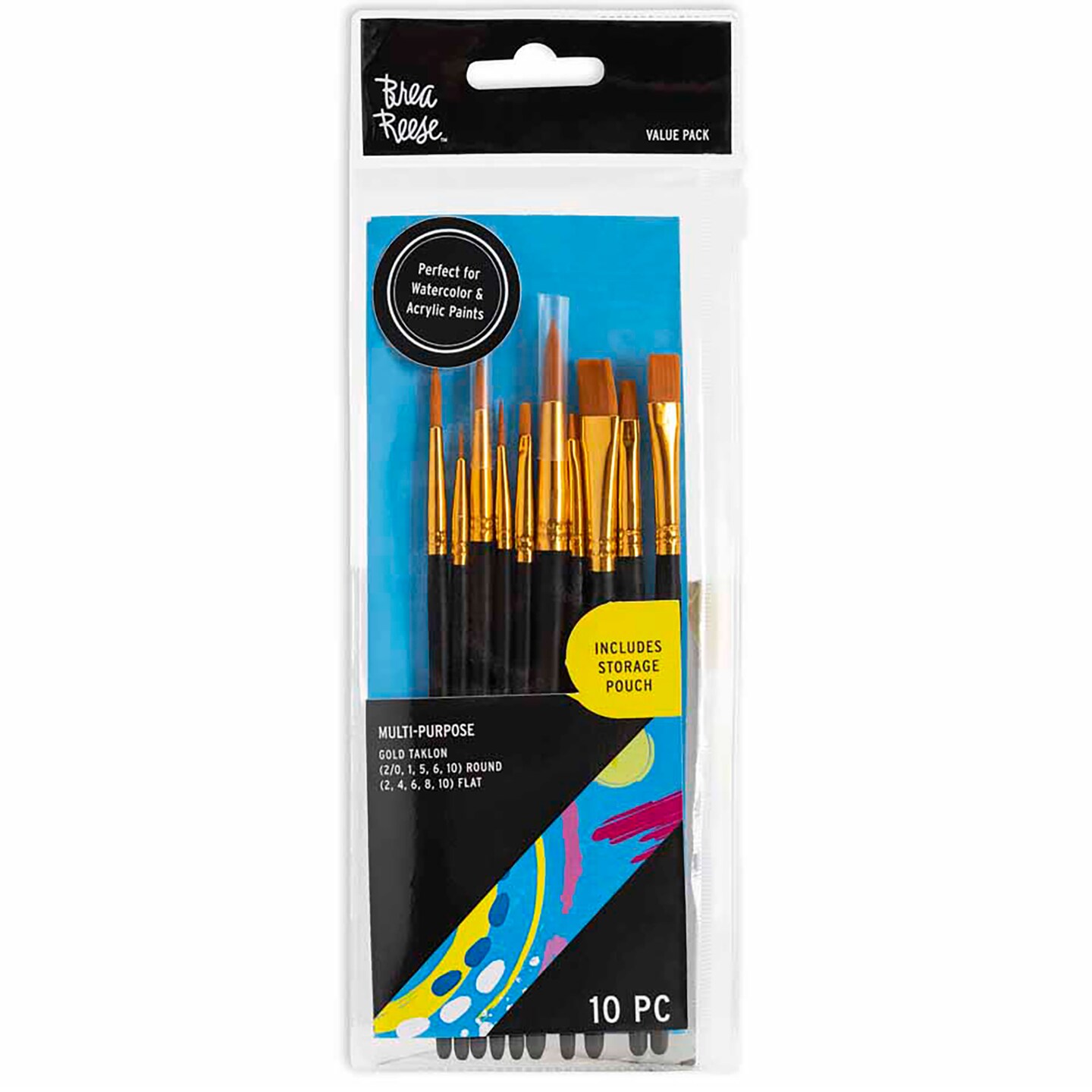 Brea Reese: Brush Set: Value Pack - 10pc - Gold Taklon Bristles, Storage Pouch, Perfect for Watercolor & Acrylic Paints, Adult Art Supplies