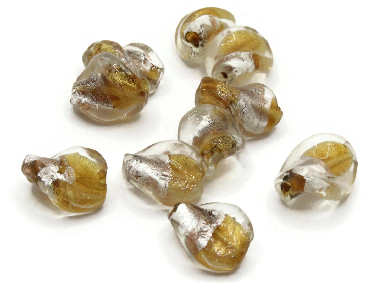 10 15mm Silver and Gold Lampwork Glass Flat Oval Twist Beads