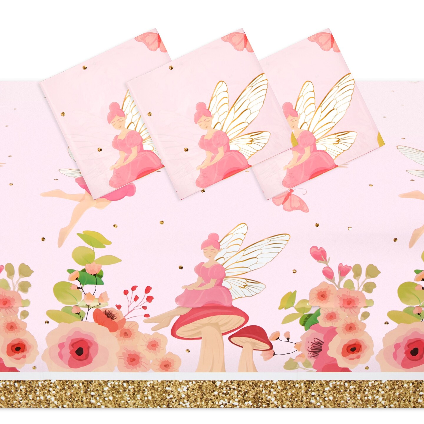 3 Pack Fairy Tea Party Tablecloths for Girls Floral Birthday Supplies, Fairy Table Cover for Garden Party, Picnic, Indoor or Outdoor Themed Events &#x26; Craft Projects (54 x 108 In)