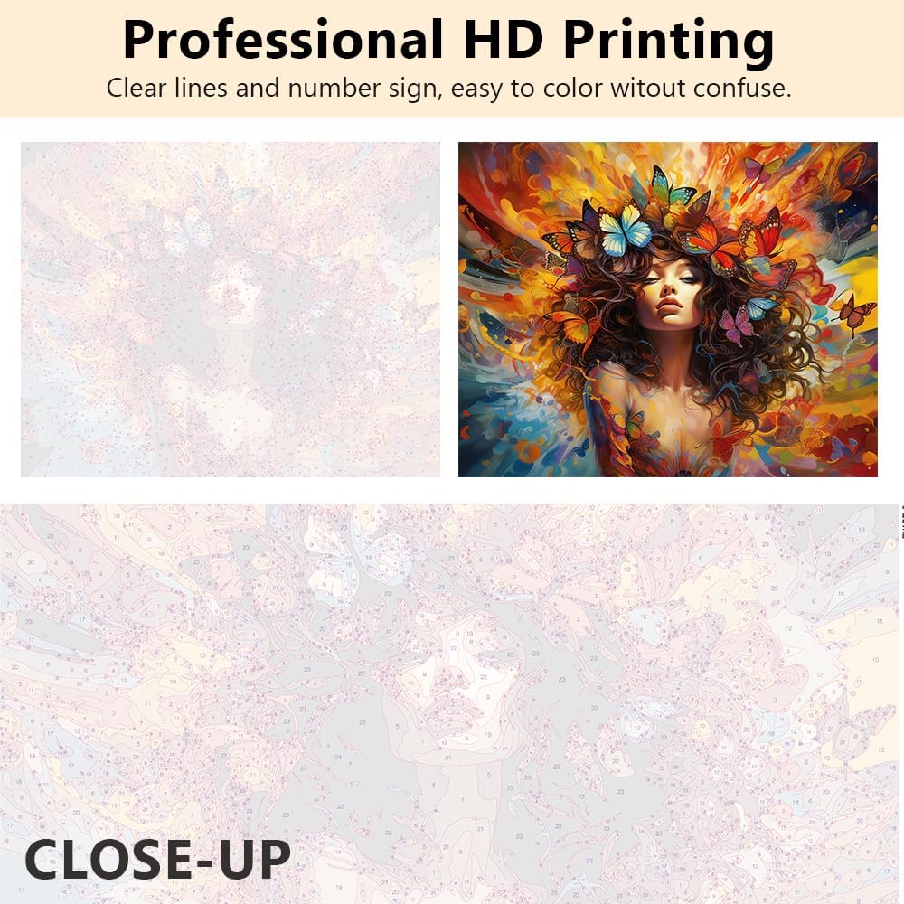 Vibrant Paint by Number for Adults, Butterfly and Lovely Girl Paint by Numbers, DIY Oil Painting Kit with Brushes and Pigment, Portrait of Adorable Oil Painting, 16&#x22;x20&#x22;