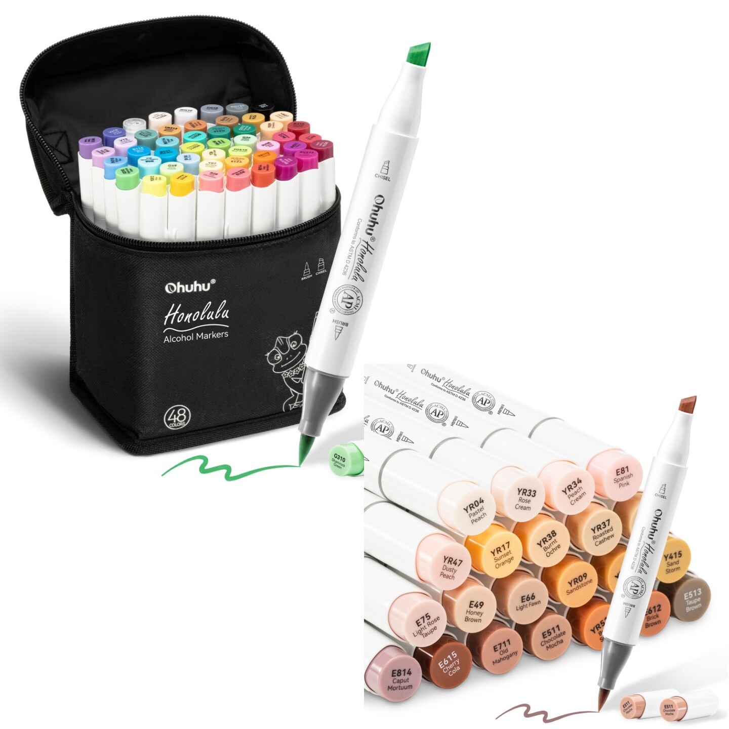 Ohuhu Honolulu 48 Colors + 24 Skin Tones Alcohol-Based Markers, Brush &#x26; Chisel, Dual Tips Art Markers Bundle