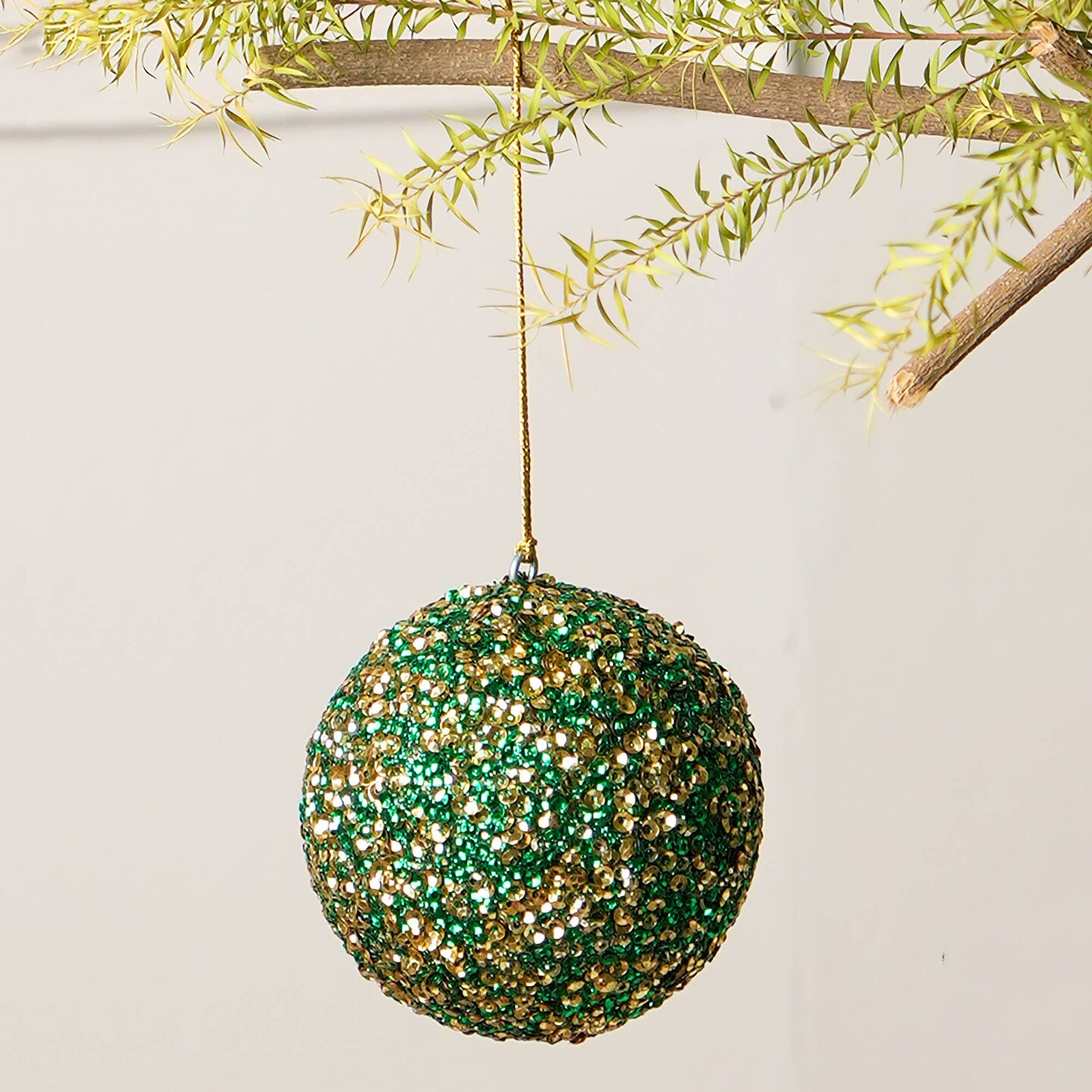 Sequins Lac Ball Hanging Ornament - Green &#x26; Gold - 4&#x22;