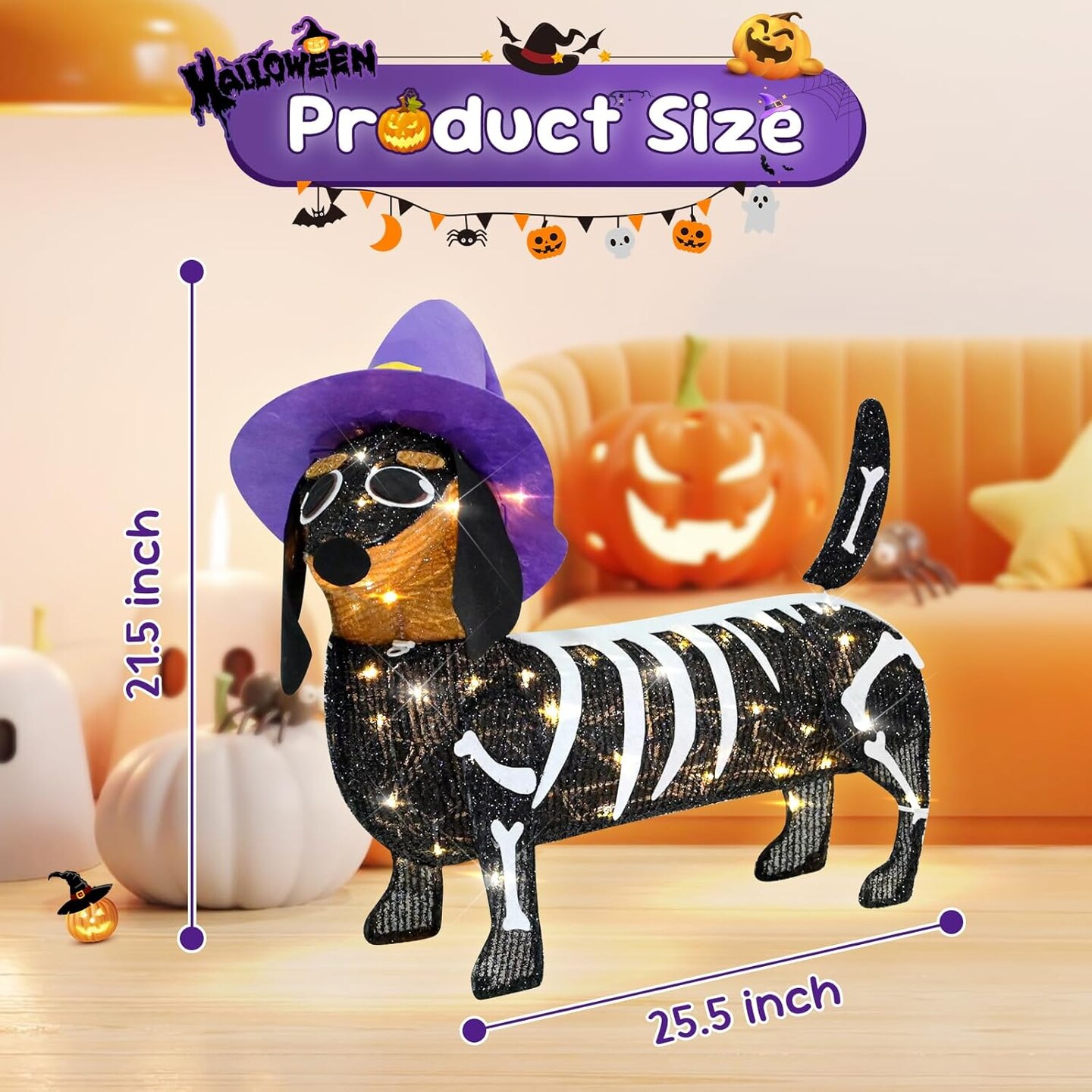 Pre-lit 25.5 Inches Long Halloween Skeleton Dachshund Dog Lighted Decor