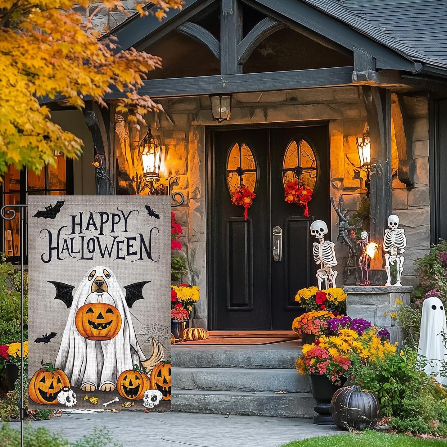 🎃 Happy Halloween Garden Flag – Ghost Golden Retriever Dog with Pumpkin, 12x18 Inch Burlap Outdoor Yard Flag (Flag Only)