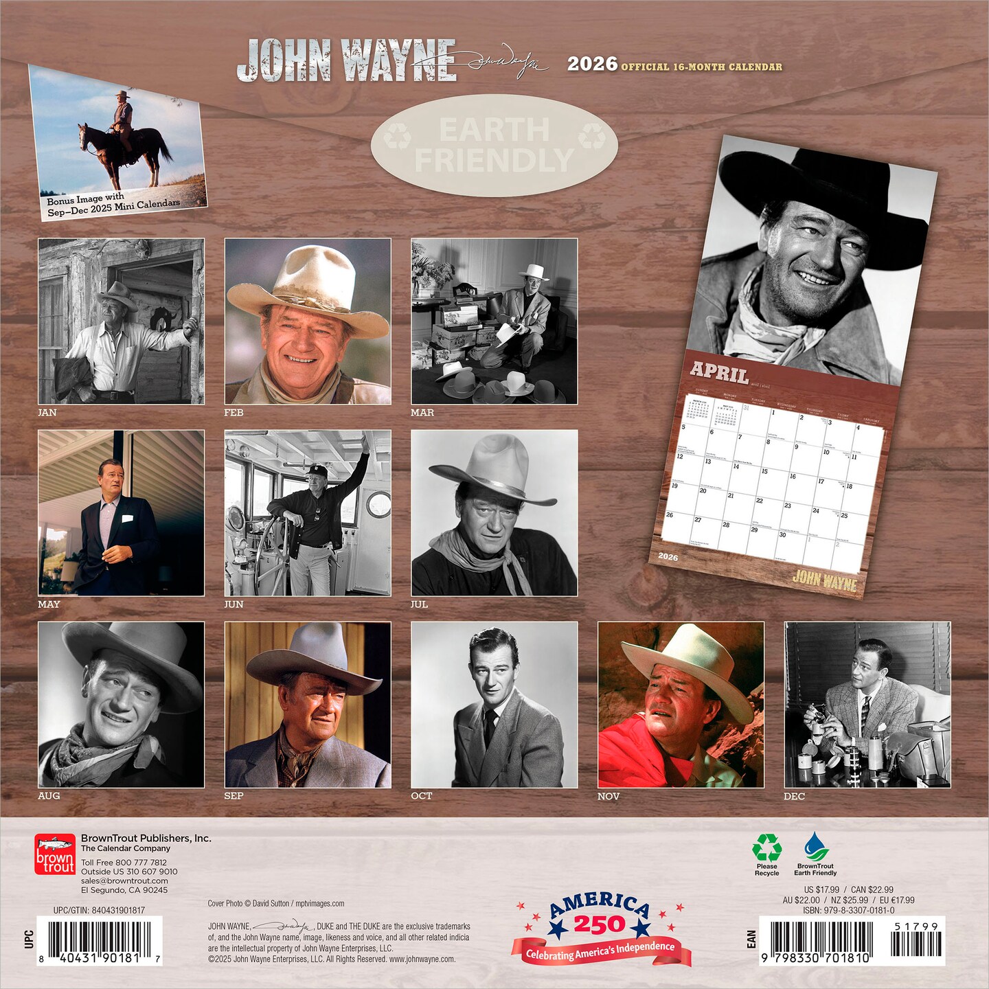 John Wayne OFFICIAL | 2026 12 x 24 Inch (Hanging) Monthly Square Wall Calendar | Foil Stamped Cover | Plastic-Free | BrownTrout | USA American Actor Celebrity Duke