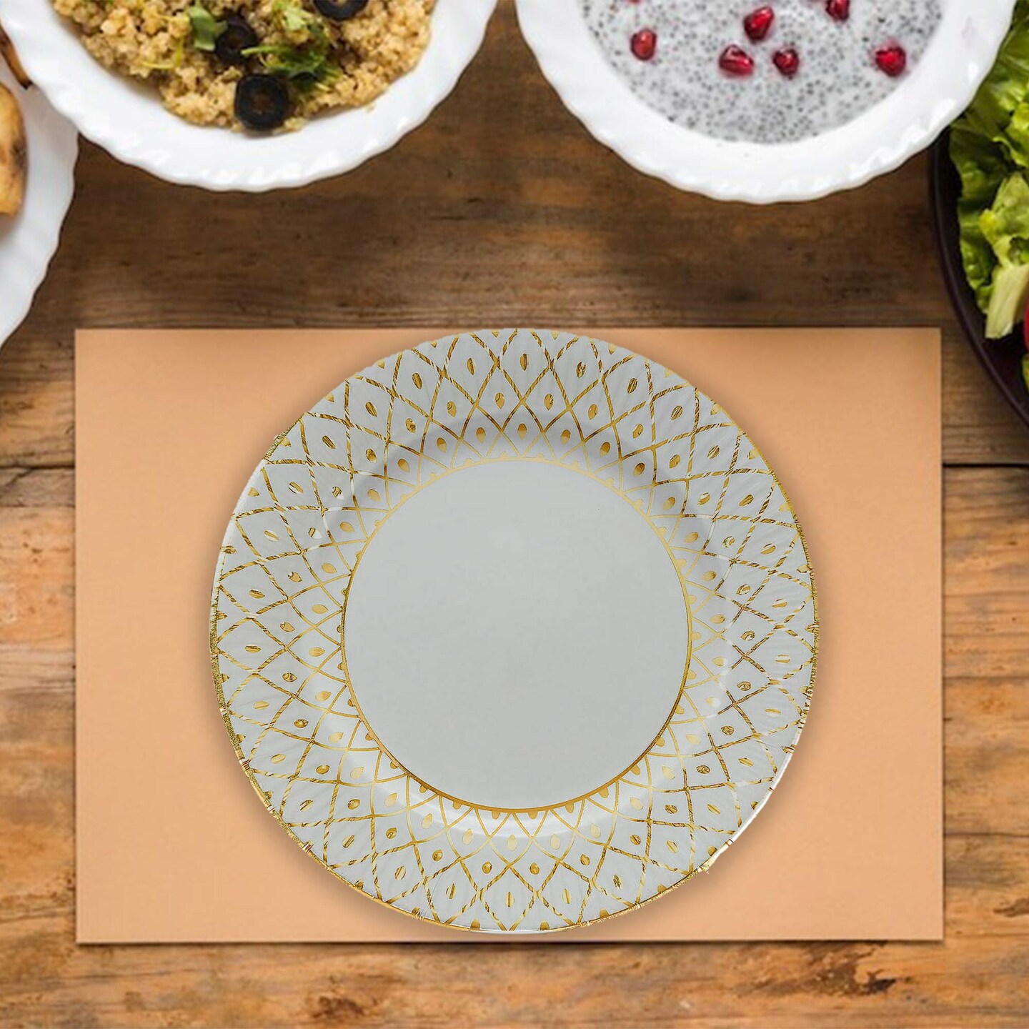 8 Count Gold Metallic Paper Dinner Plates for Elegant Party and Wedding Table Settings