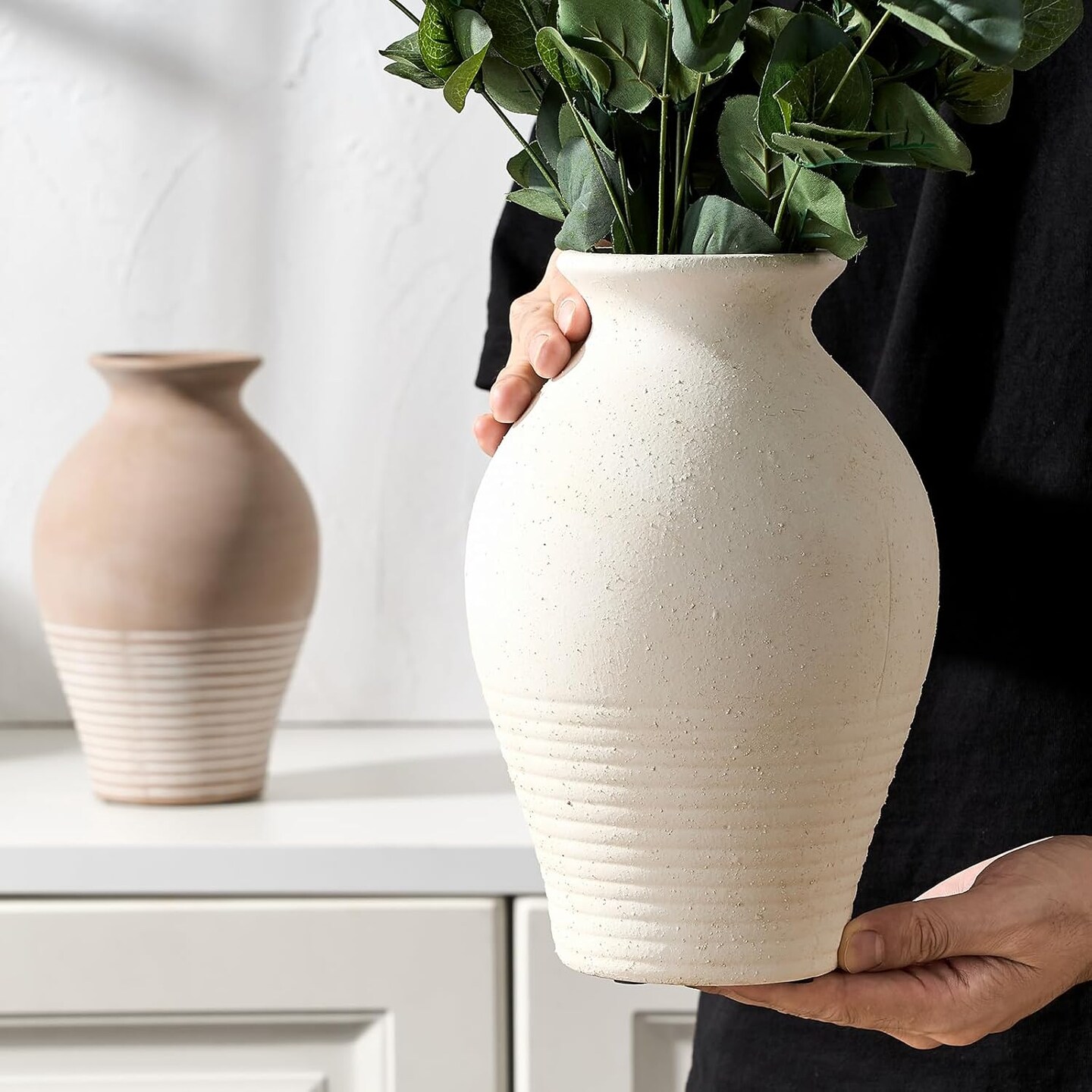 Ceramic Rustic Farmhouse Vase (Off-White) 9.2 inch