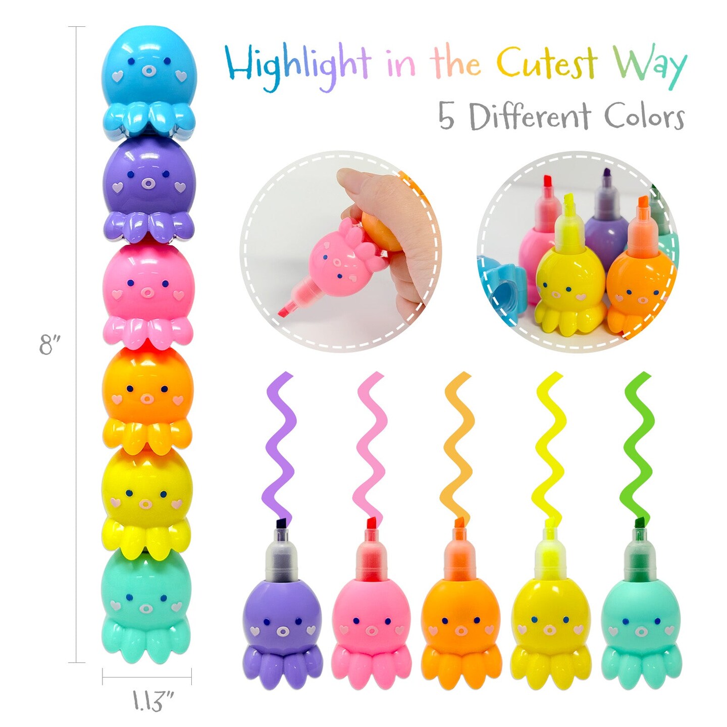 Wrapables Mini Stackable Highlighters, Cute Multi-color Markers, Octopus