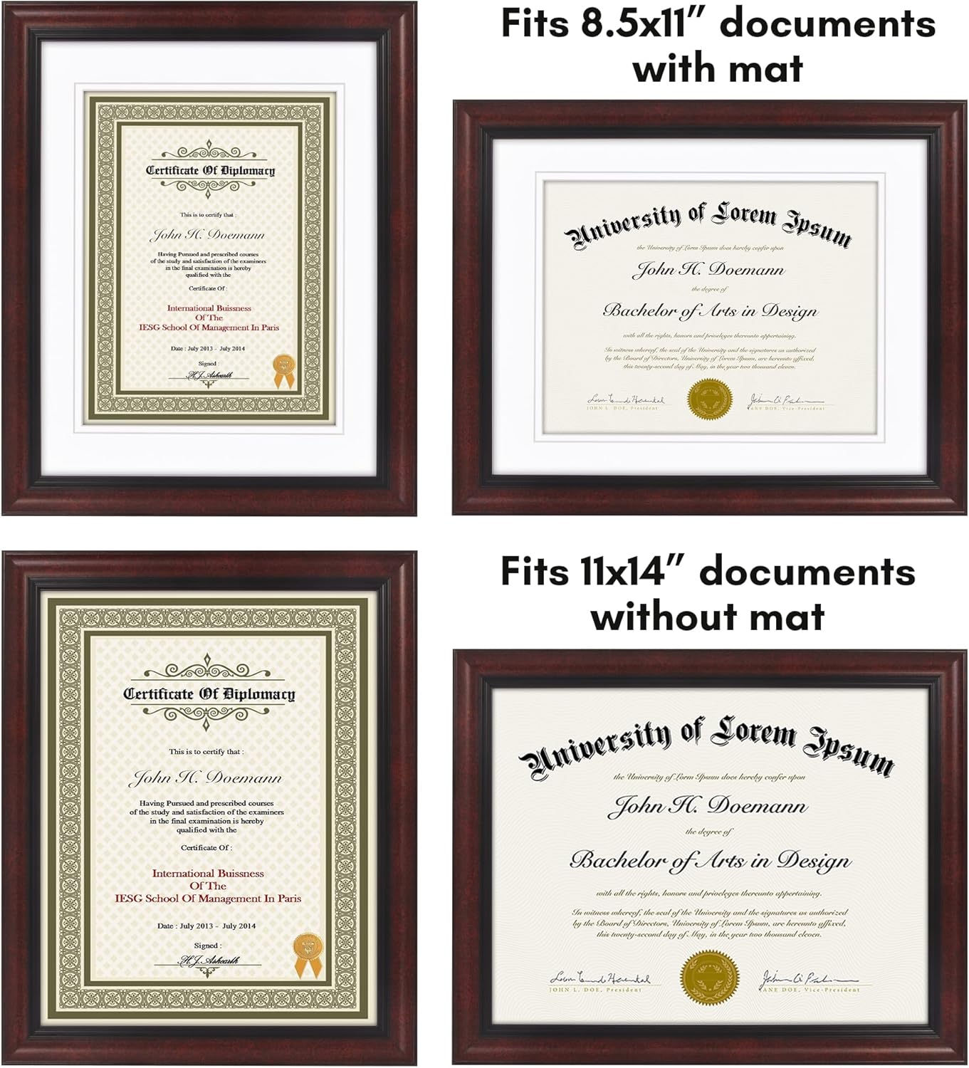 11x14 Diploma Frame - Use as 8.5x11 Certificate Frame or 11x14 Picture Frame Without Mat - Legacy Collection - Black and Mahogany Ornate Frame with Shatter-Resistant Glass, White Mat