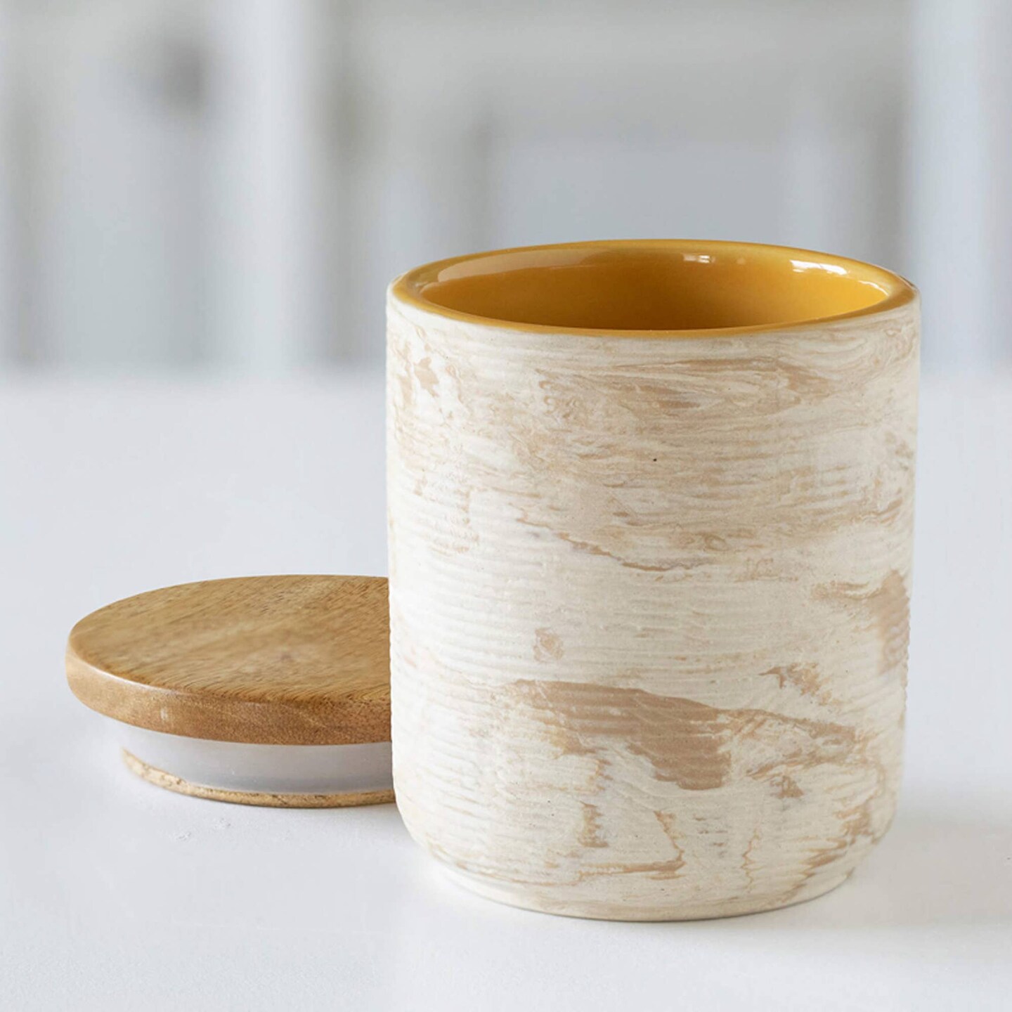 Handcrafted Ceramic Jar with Wooden Lid &#x2013;Stylish &#x26; Sustainable Storage-3.5X3.5X4.3&#x22;