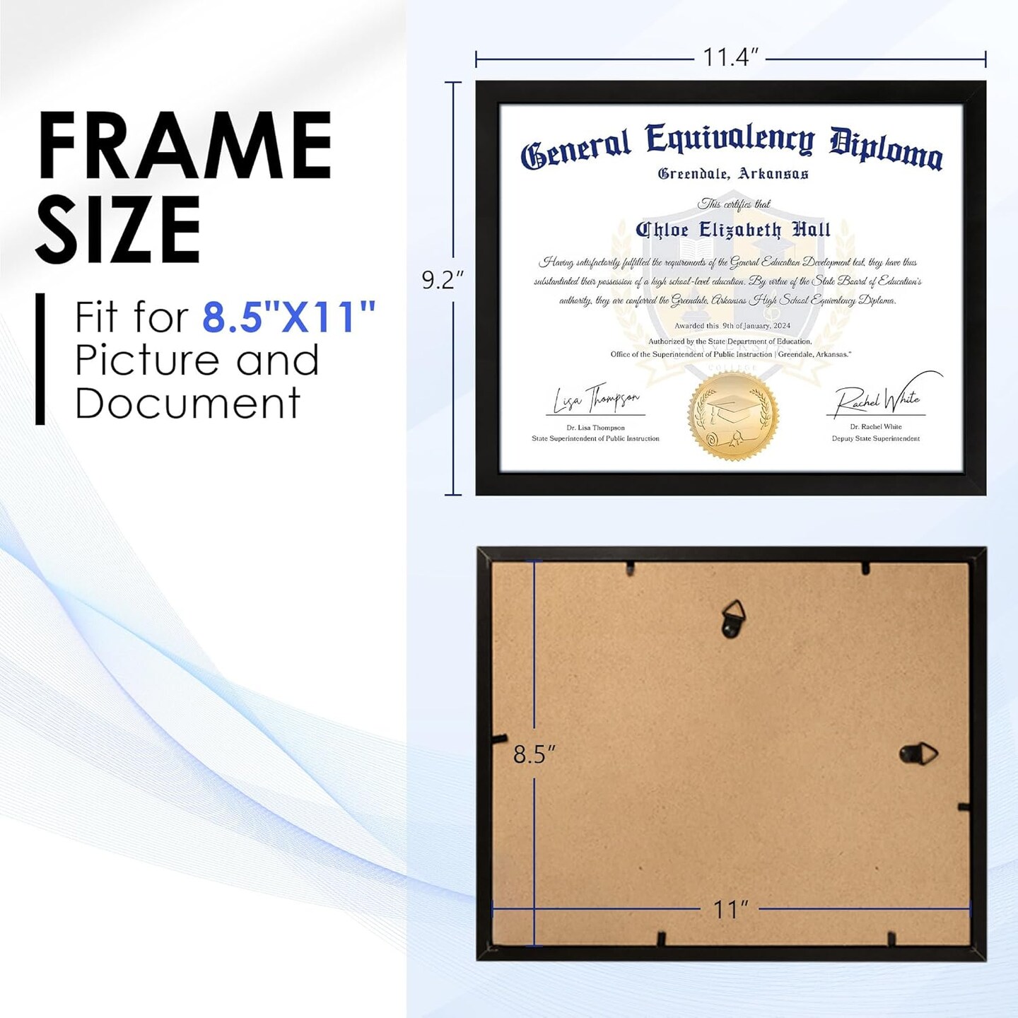8.5x11 Black Diploma Frames with Clear Plexiglass – 2-Pack Certificate & Document Frames for Wall Display, High School, College, or Office (Black)