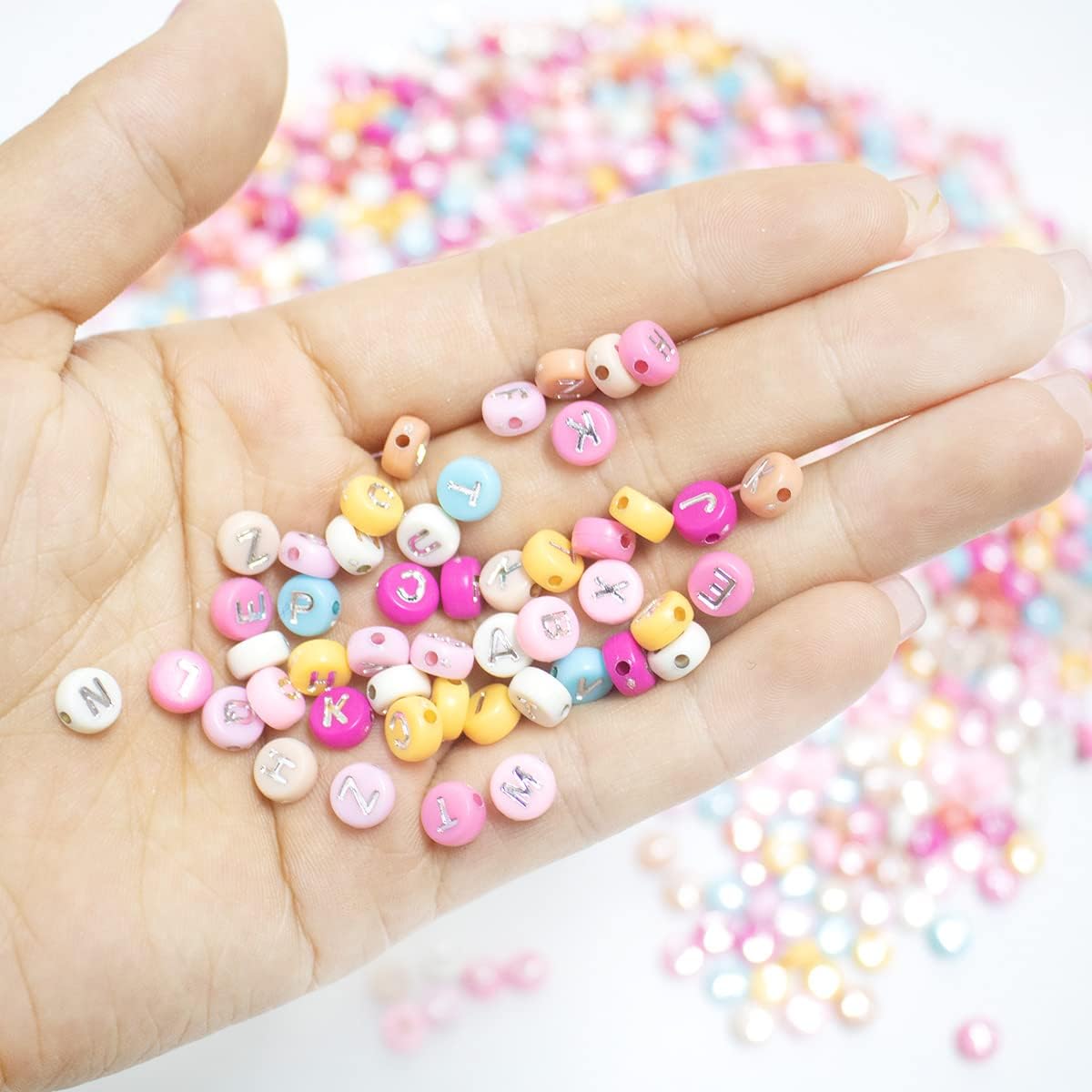 1200pcs Acrylic Colorfull Letter Beads for Jewelry Making Alphabet Beads with Elastic String Bead Cord 7x4mm A-Z Silver Letter Beads for DIY Necklace Friendship Bracelet Making
