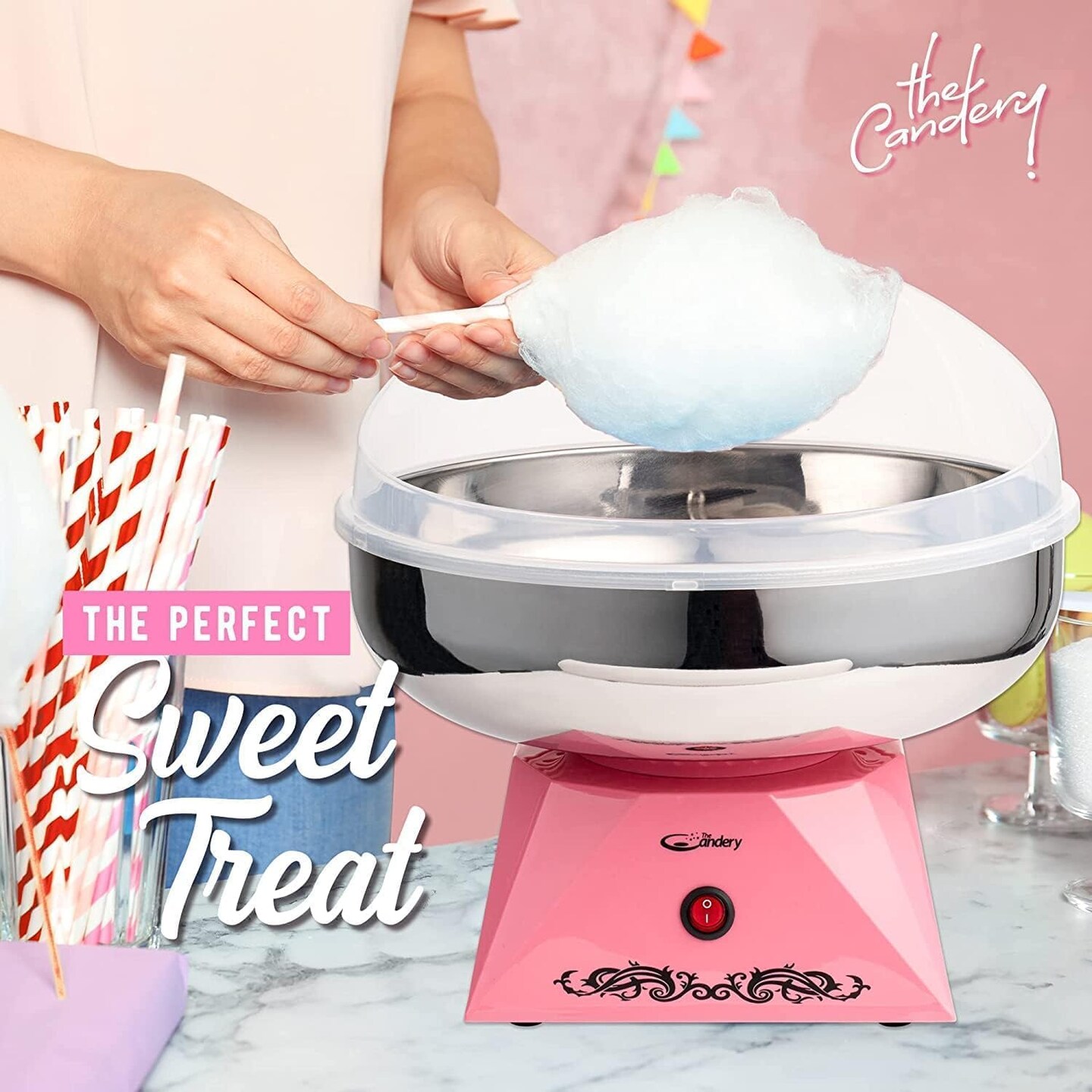 The Candery Cotton Candy Machine with Stainless Steel Bowl 2.0 and Floss Bundle- Use to Floss Sugar Floss, Candy for Birthday Parties Fairs, Festivals- Includes 5 Floss Sugar Flavors 12oz Jars and 50