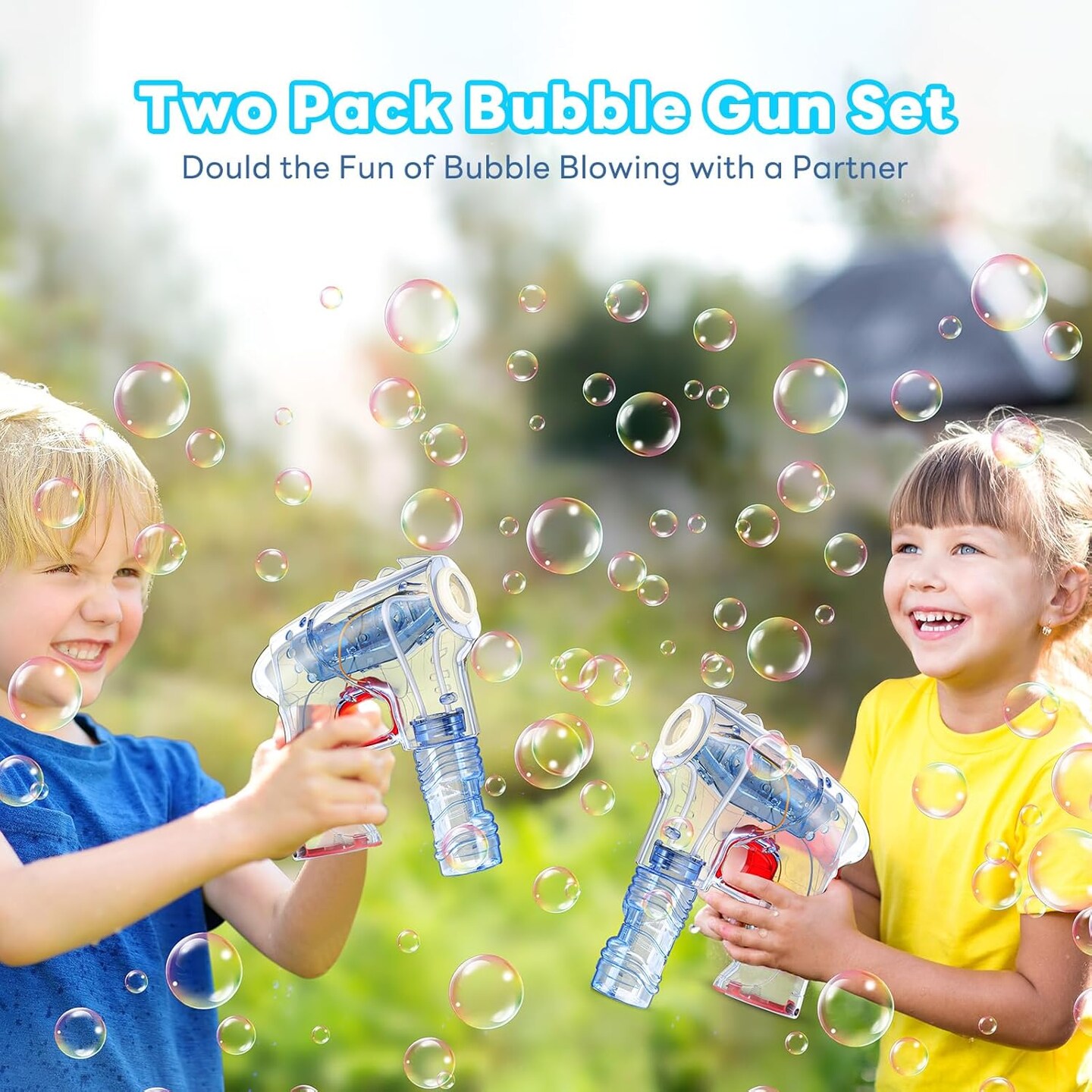 2 Pack Bubble Gun with 4 Refill Solution and 3 Colorful LED Light, Bubble Machine for Kids, Bubble Maker for Party Favors, Birthday Gift, Indoor Outdoor Toys