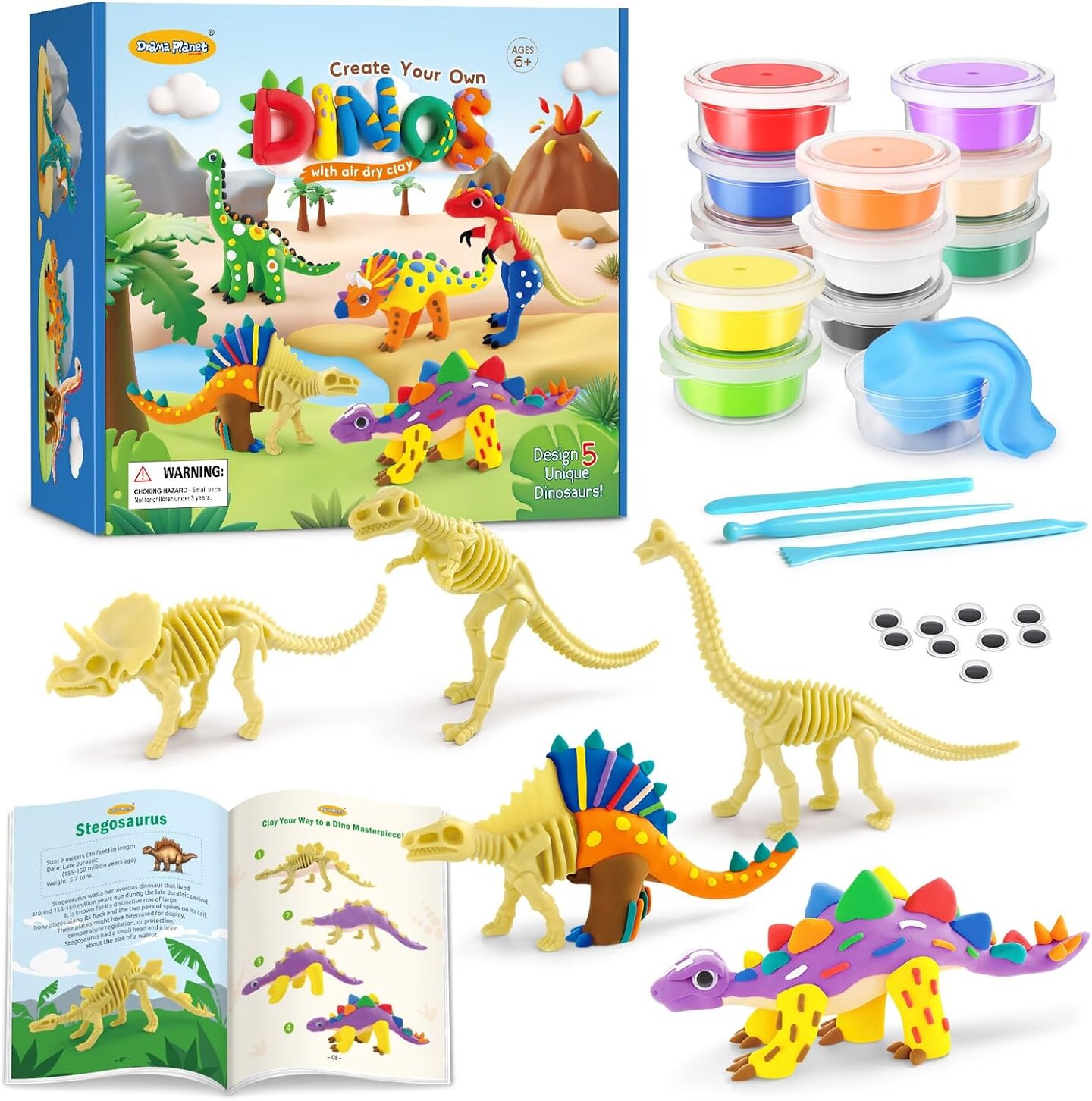 Dinosaur Air Dry Clay Kit &#x2013; Create 5 Dinosaur Models with 12 Colors of Modeling Clay, Instruction Guide &#x2013; Fun &#x26; Educational Craft Set for Kids