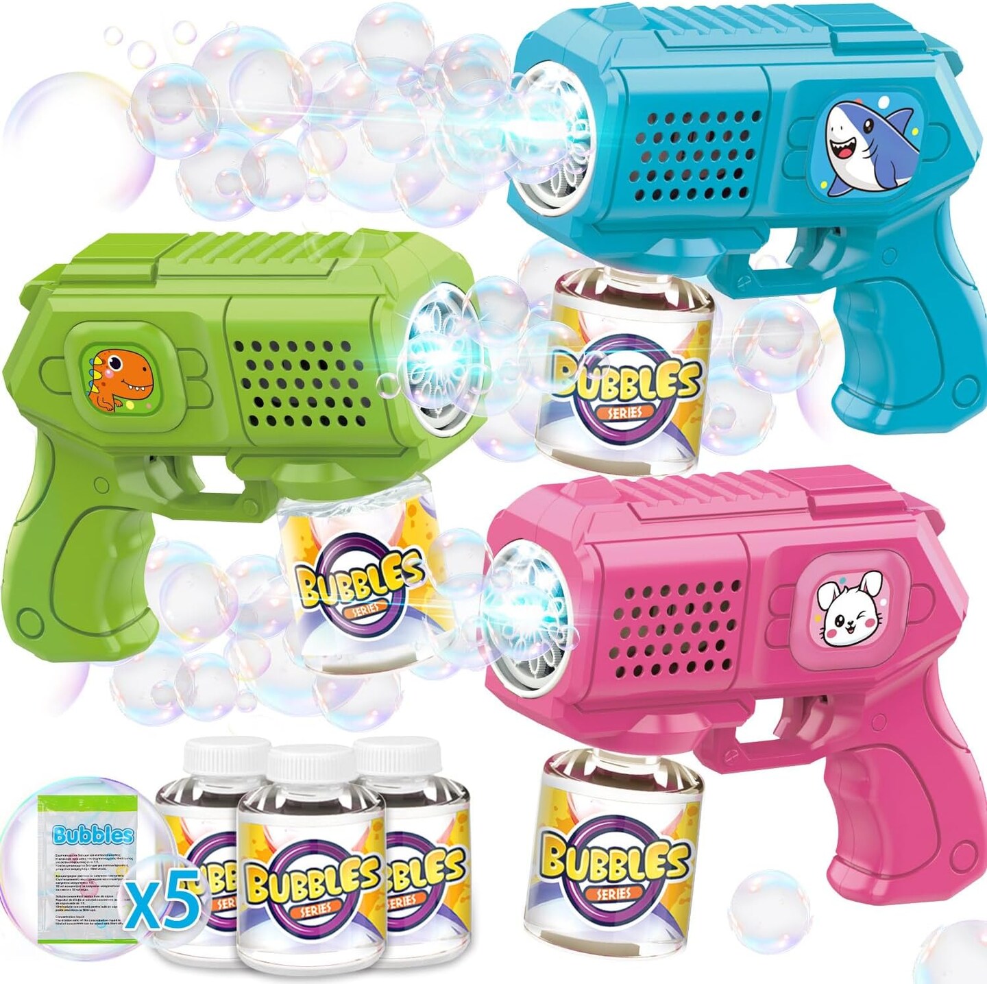 Bubble Guns with Bubble Solution- 3 Pack, Bubbles Gun, Blaster, Blower, Maker, Machine for Boys Girls