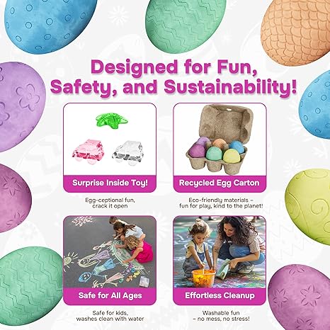 6ct Surprise Inside Sidewalk Chalk Eggs – Washable Outdoor Activity for Kids, Flat Bottom Design Egg Chalk, Surprise Toys Chalk Set for Kids Play Set
