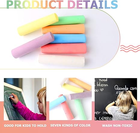 Washable Sidewalk Chalk Set- 52 Pieces 7 Colors Jumbo Chalk For Kid and Adult, Paint on Classroom Chalkboard or Outdoor Playground, Good Gift for Party