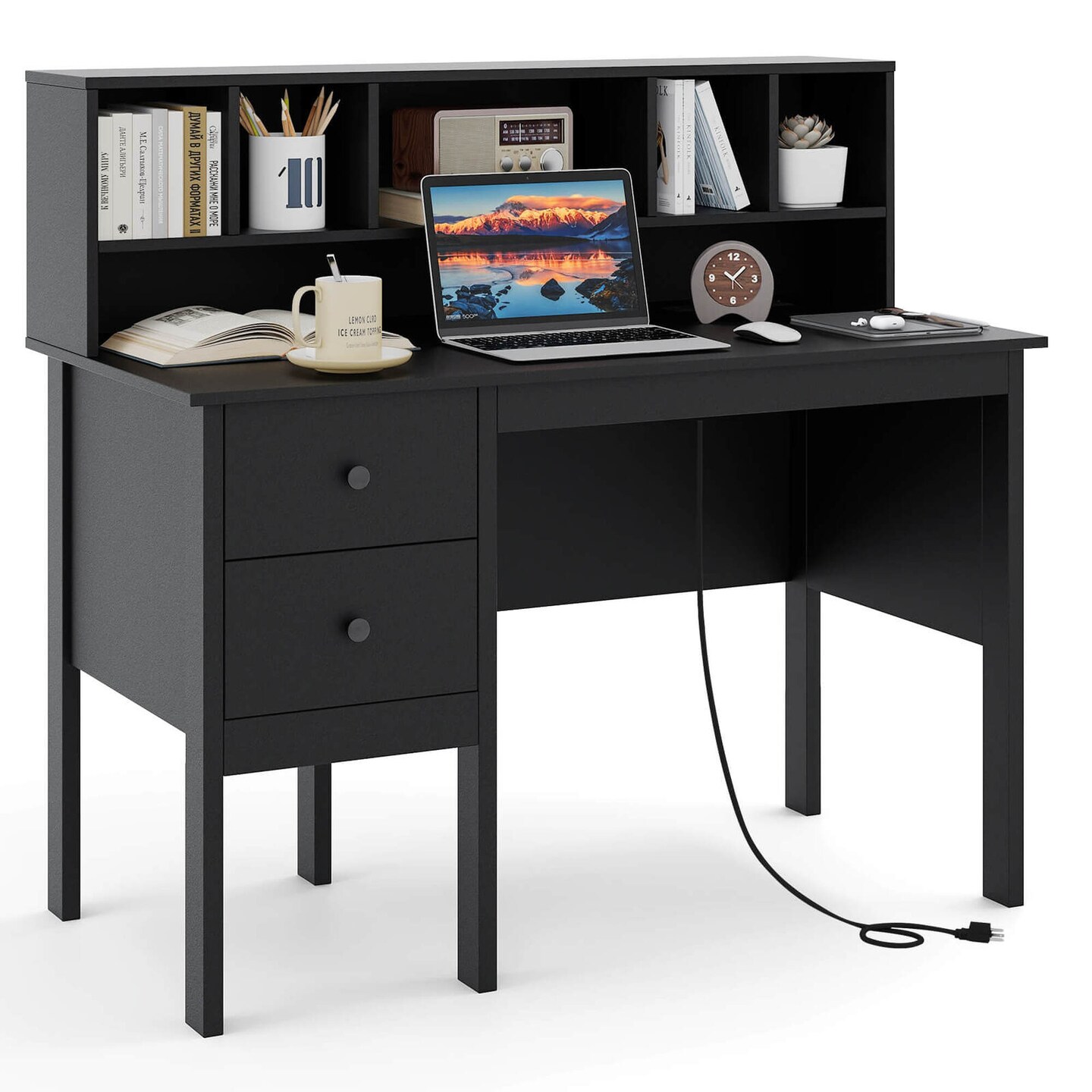 Costway 48" Computer Desk with Power Outlets Type-C 5-Cubby Hutch & 2 Storage Drawers Black/White